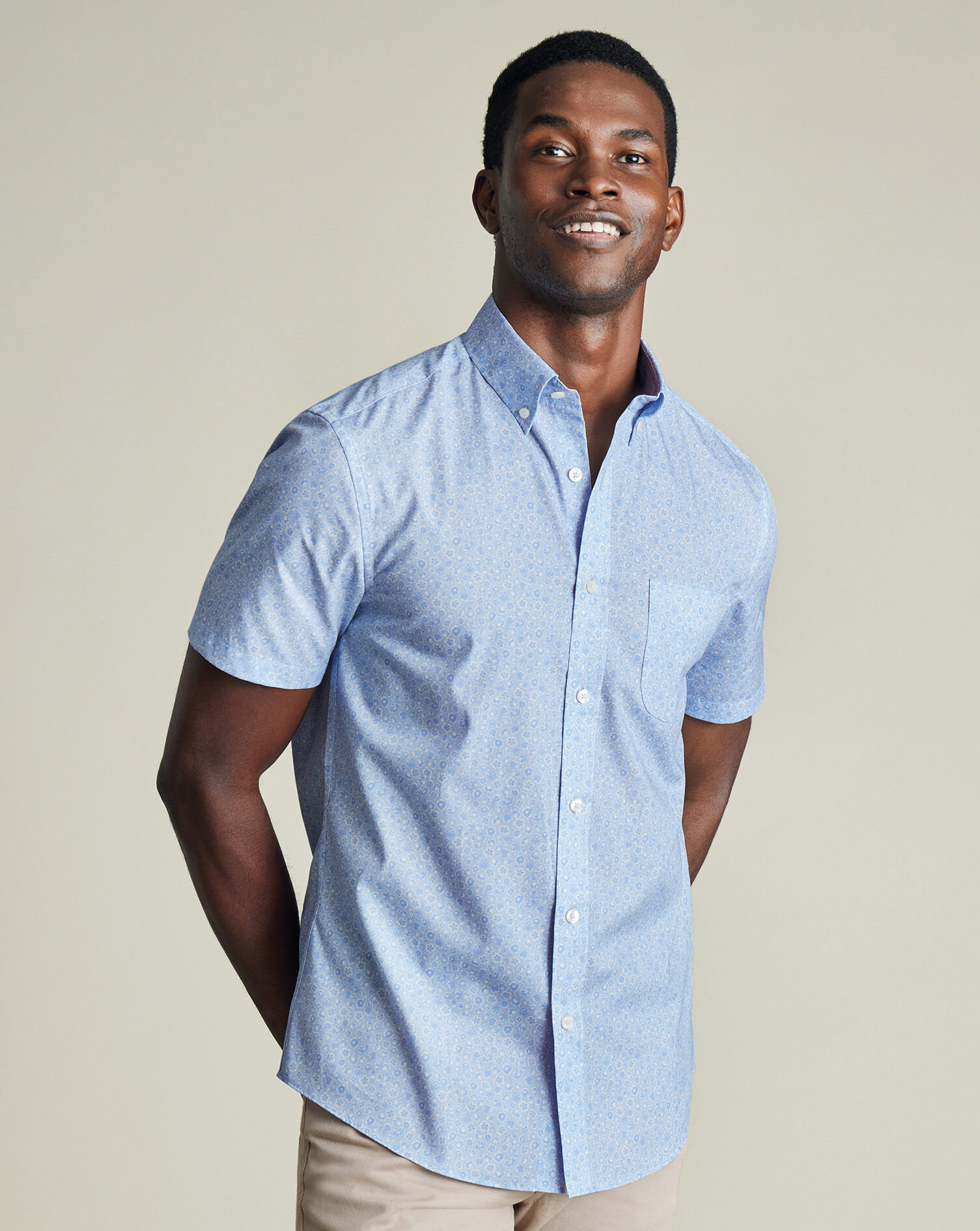 Non-Iron Poplin Floral Print Short Sleeve Shirt - Sky Blue