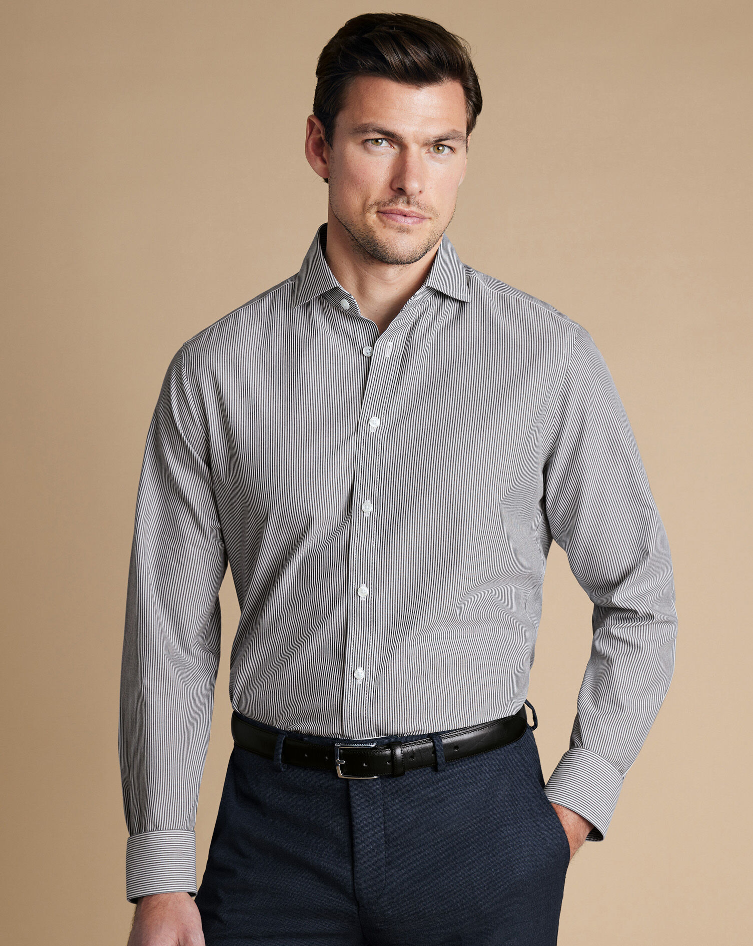 Spread Collar Non-Iron Poplin Bengal Stripe Shirt - Black