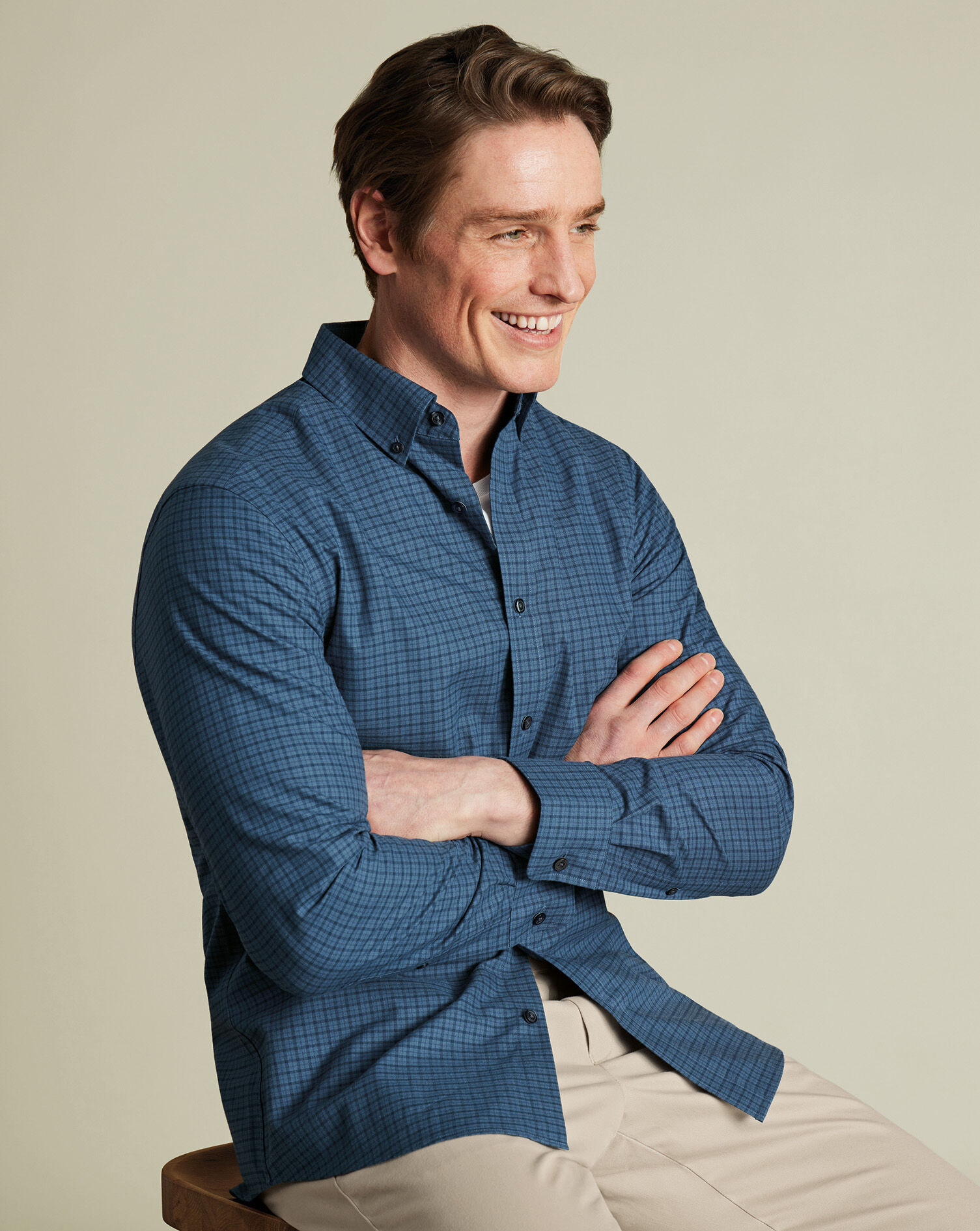 Brushed Cotton Twill Check Shirt - Petrol Blue