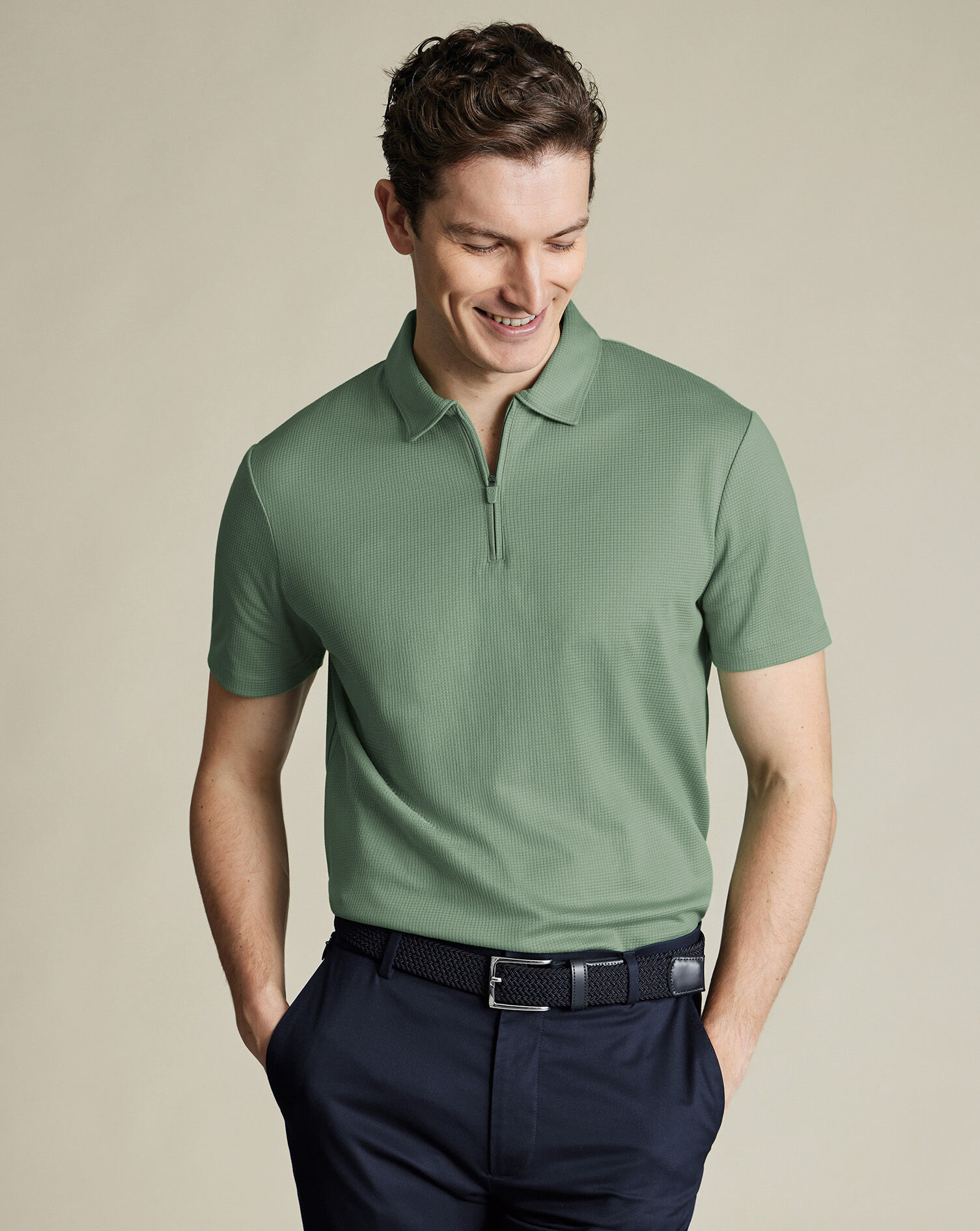 Performance Textured Zip-Neck Polo - Green