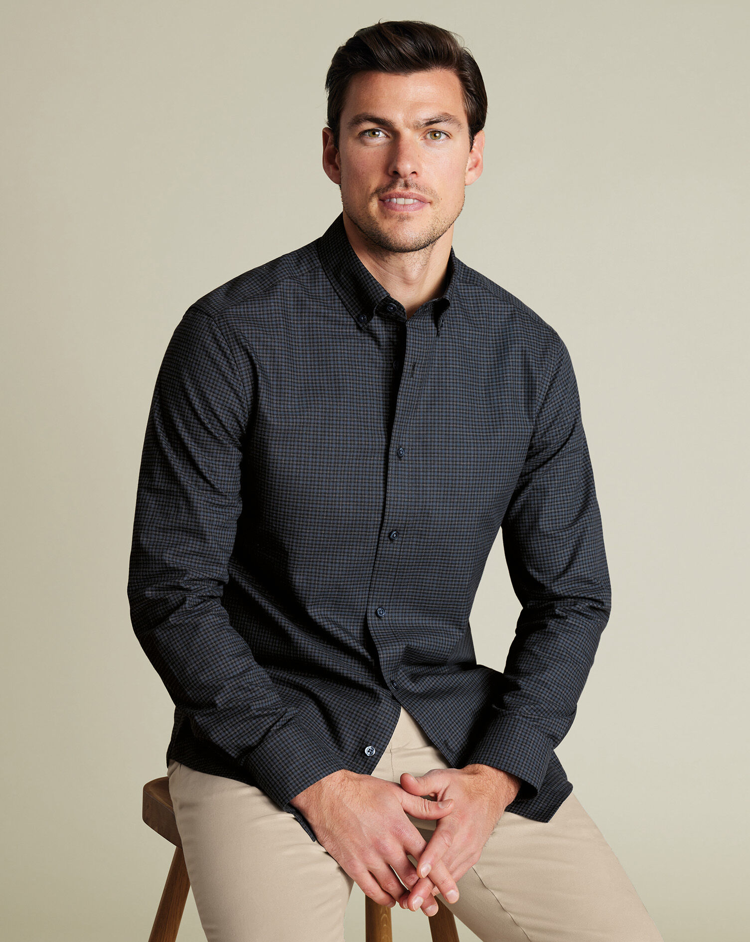 Brushed Cotton Twill Check Shirt - Dark Gray