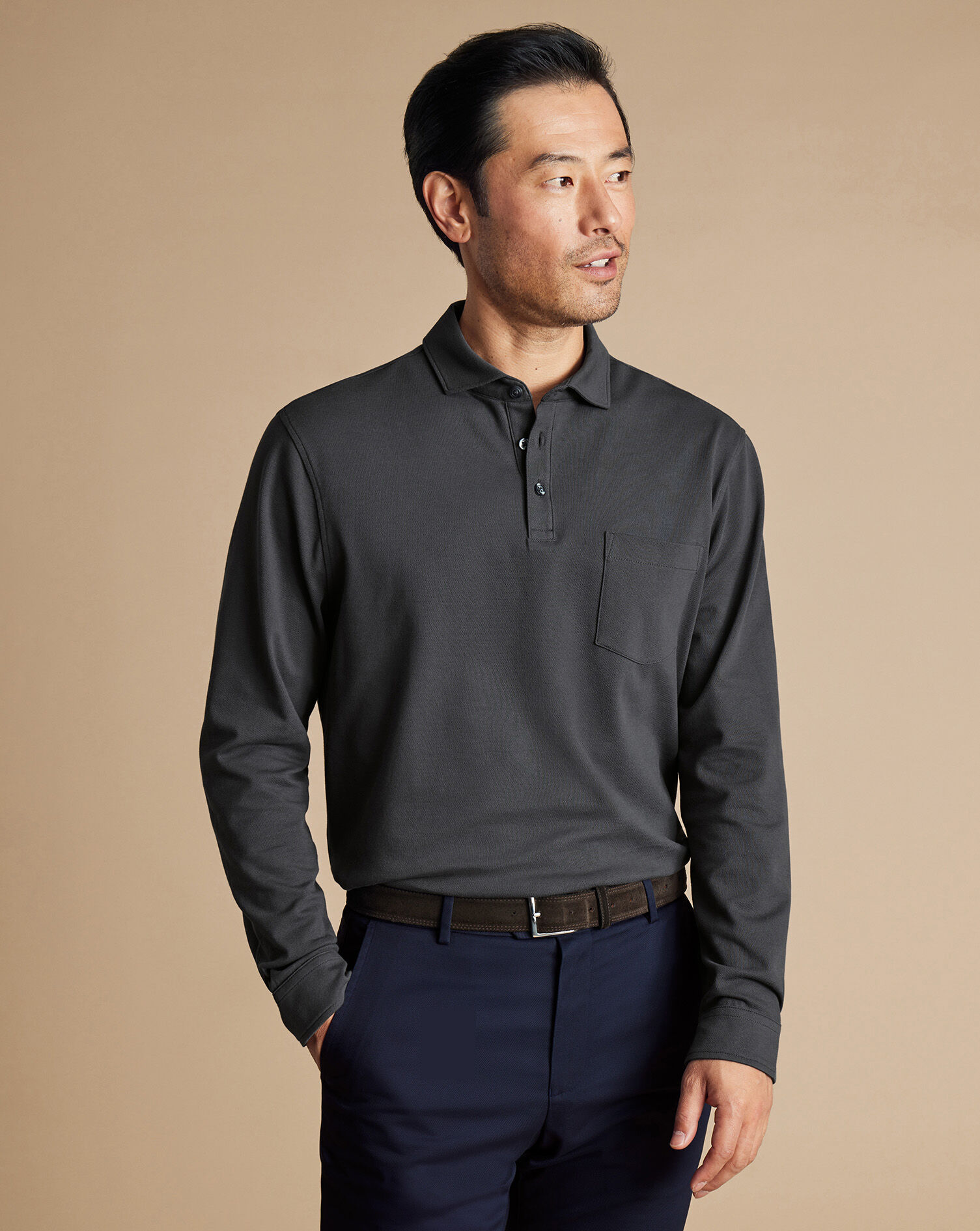 Long Sleeve Pique Polo - Charcoal Gray