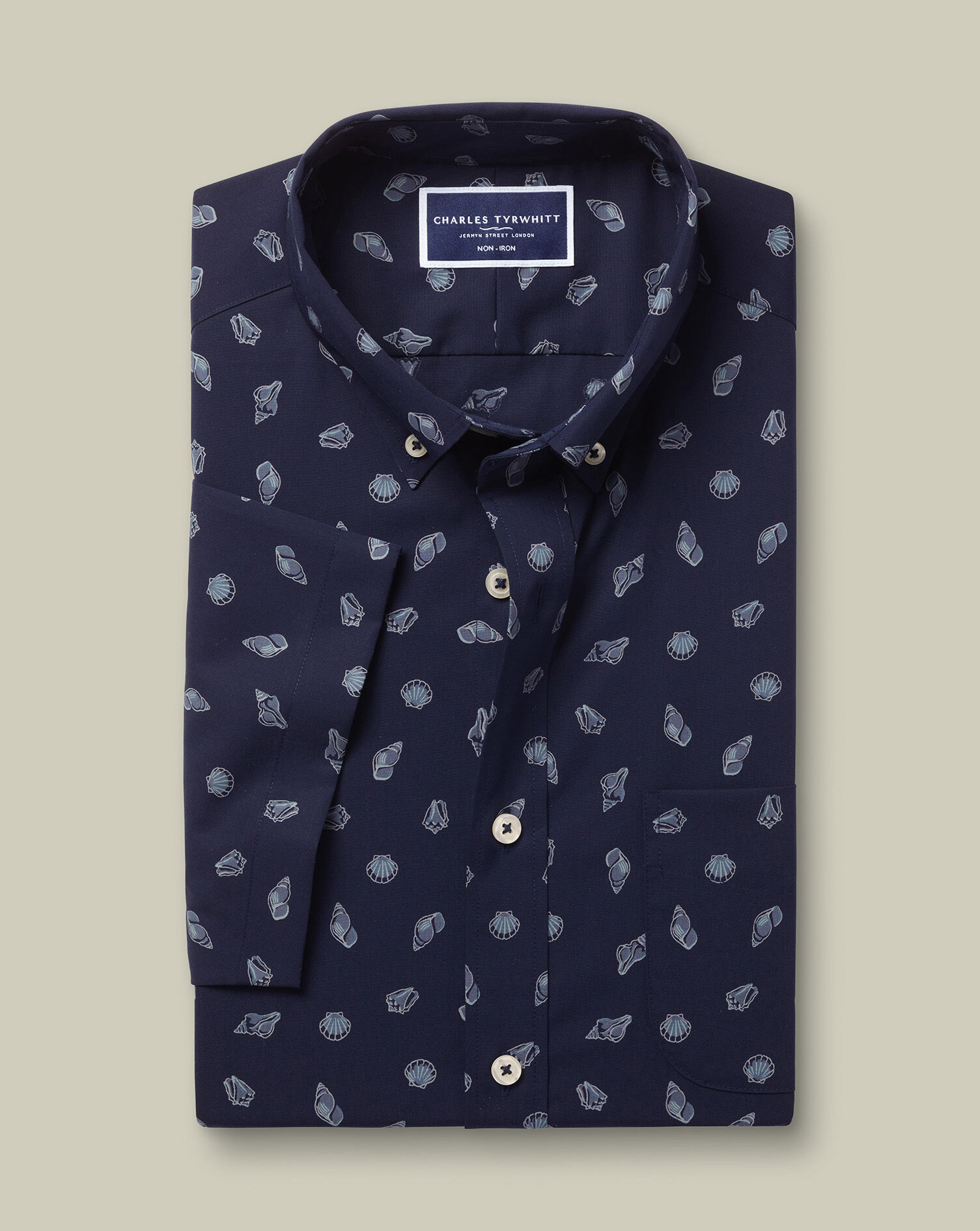 Non-Iron Poplin Shell Print Short Sleeve Shirt - Ink Blue