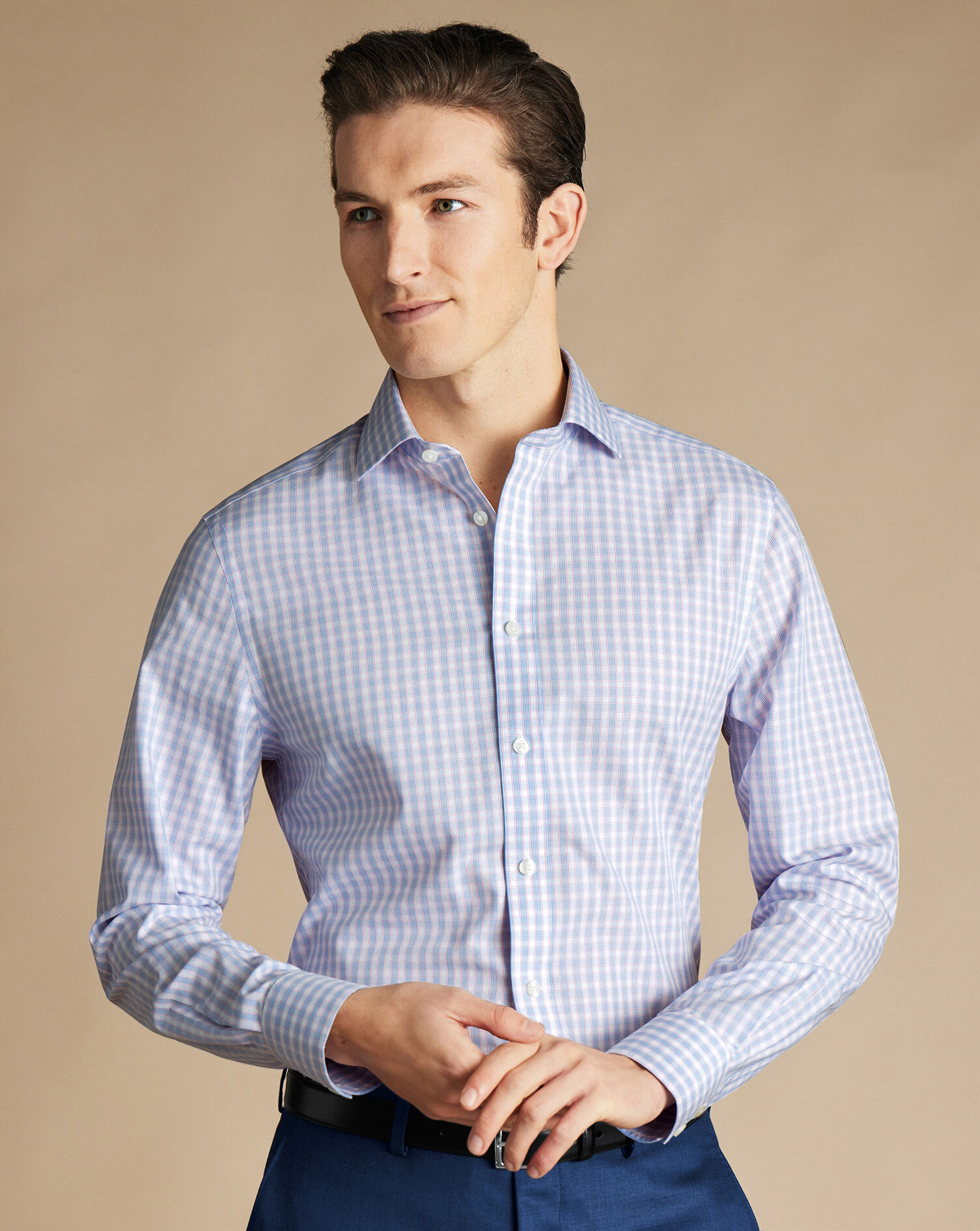 Spread Collar Non-Iron Poplin Multi Check Shirt - Cornflower Blue