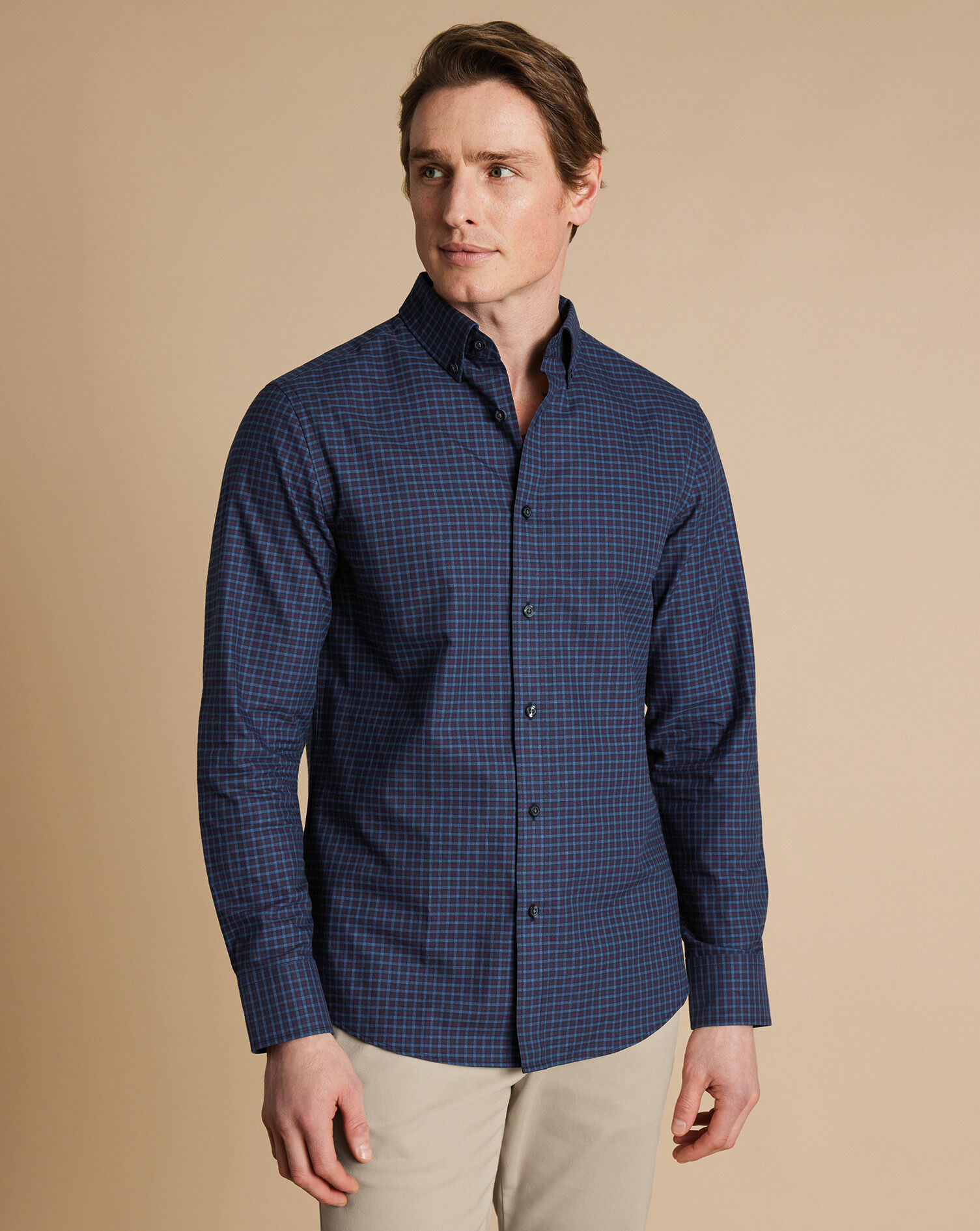 Brushed Cotton Twill Check Shirt - Indigo Blue & Red