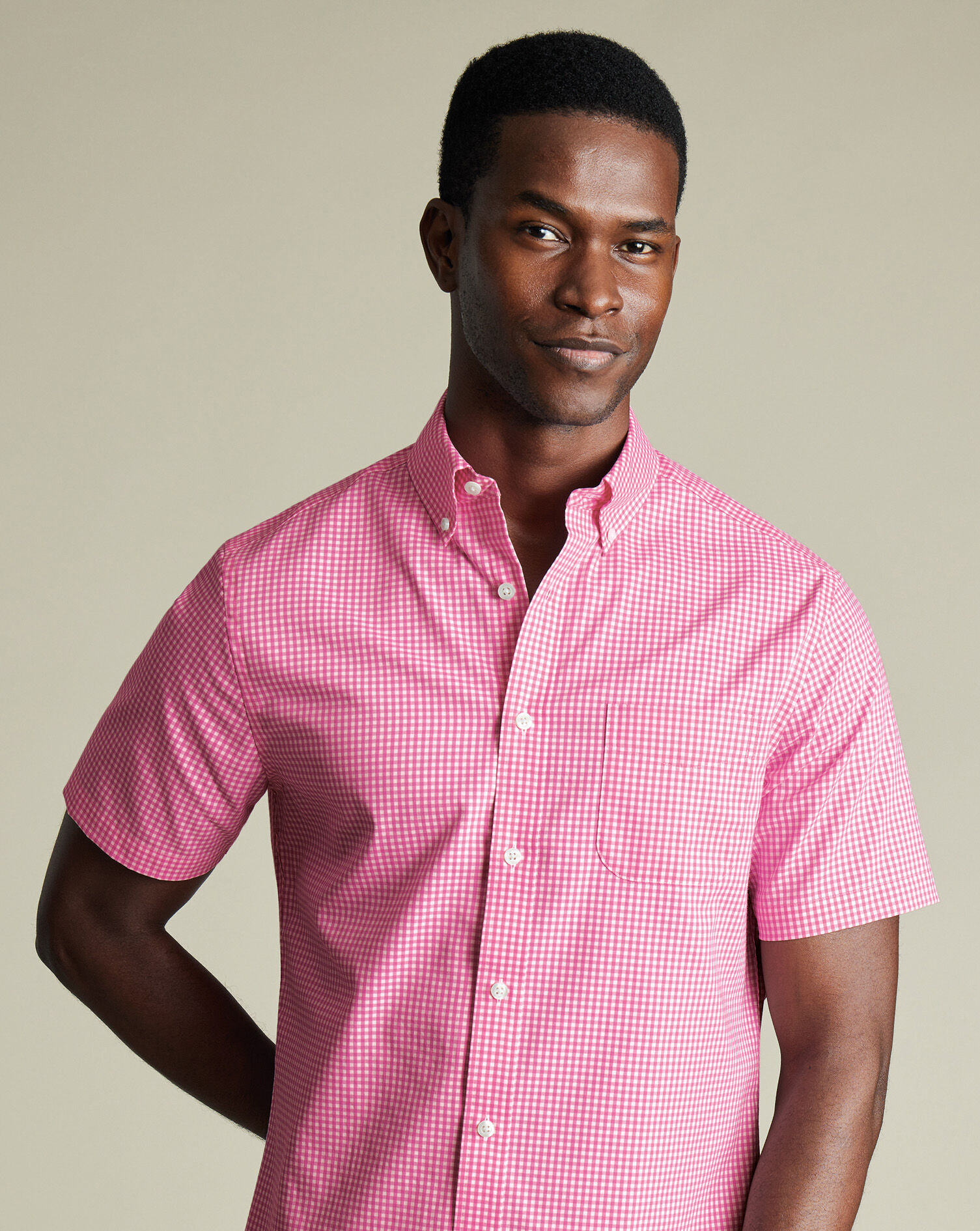 Non-Iron Stretch Poplin Check Short Sleeve Shirt - Pink