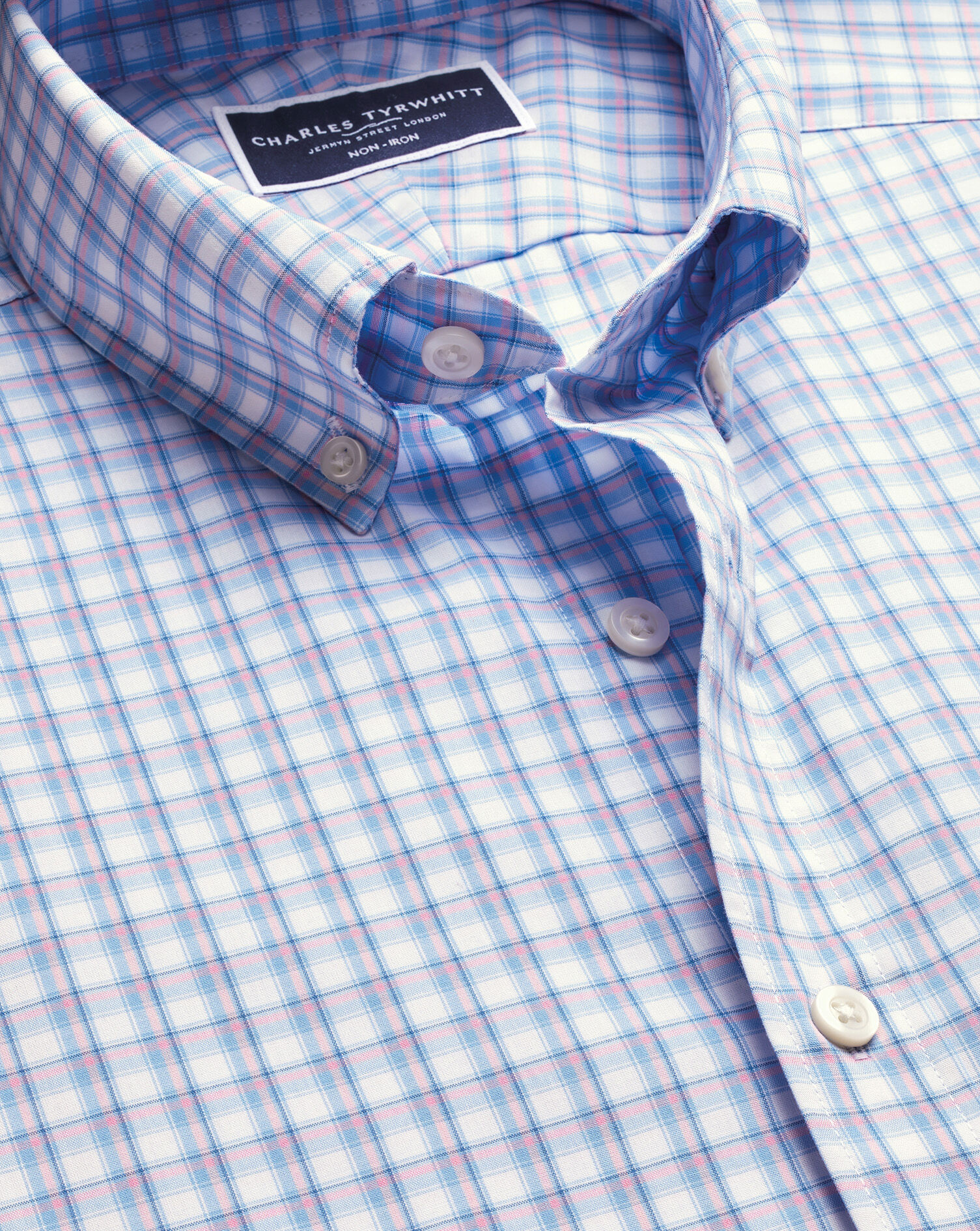 Non-Iron Stretch Poplin Check Shirt - Ocean Blue & Pink