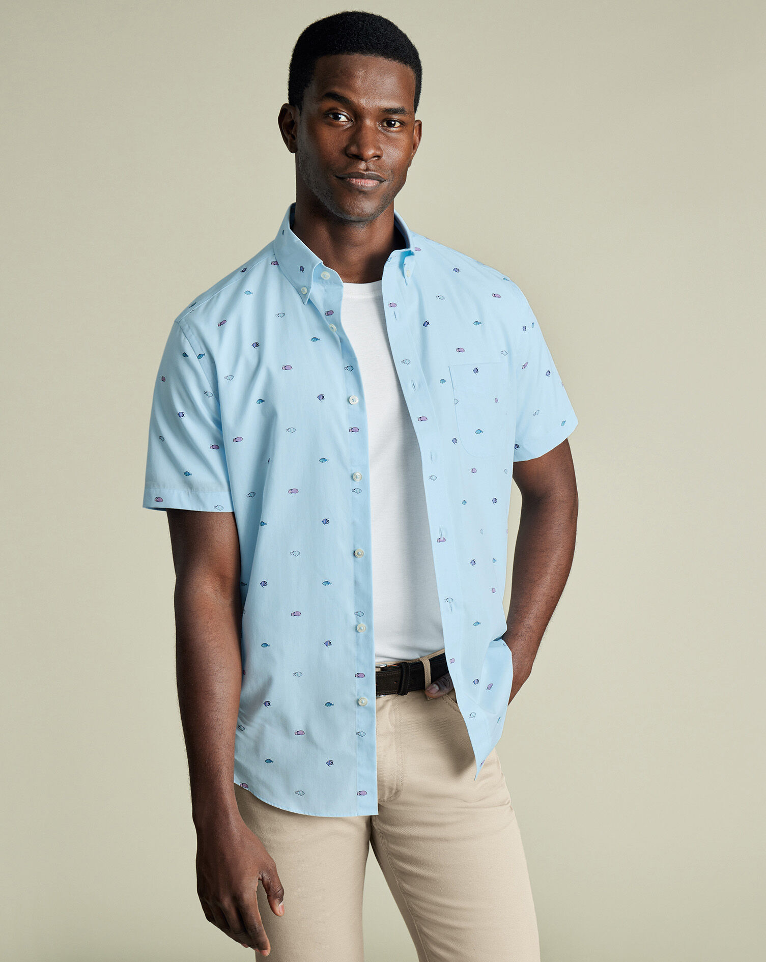 Non-Iron Poplin Fish Print Short Sleeve Shirt - Sky Blue