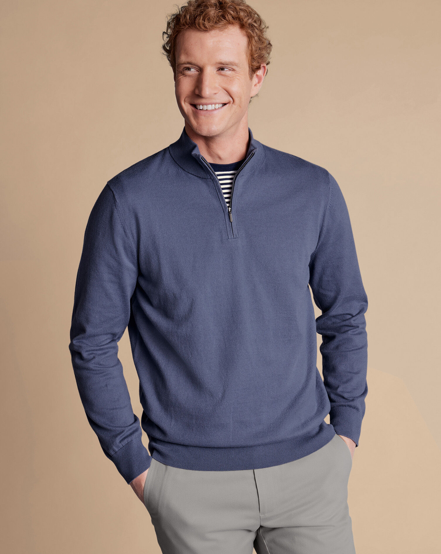 Combed Cotton Quarter Zip Sweater - Blue