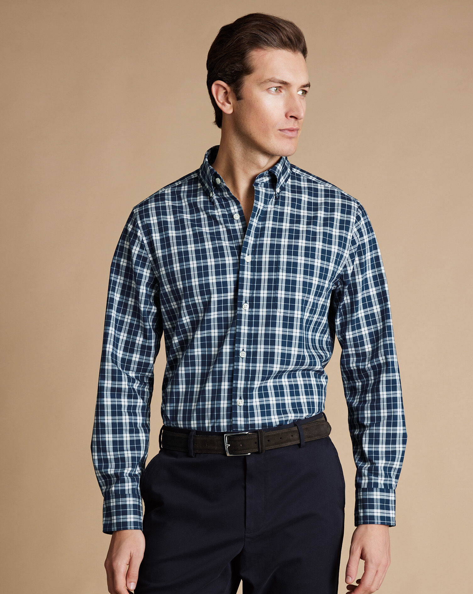 Button-Down Collar Non-Iron Stretch Poplin Check Shirt - Blue