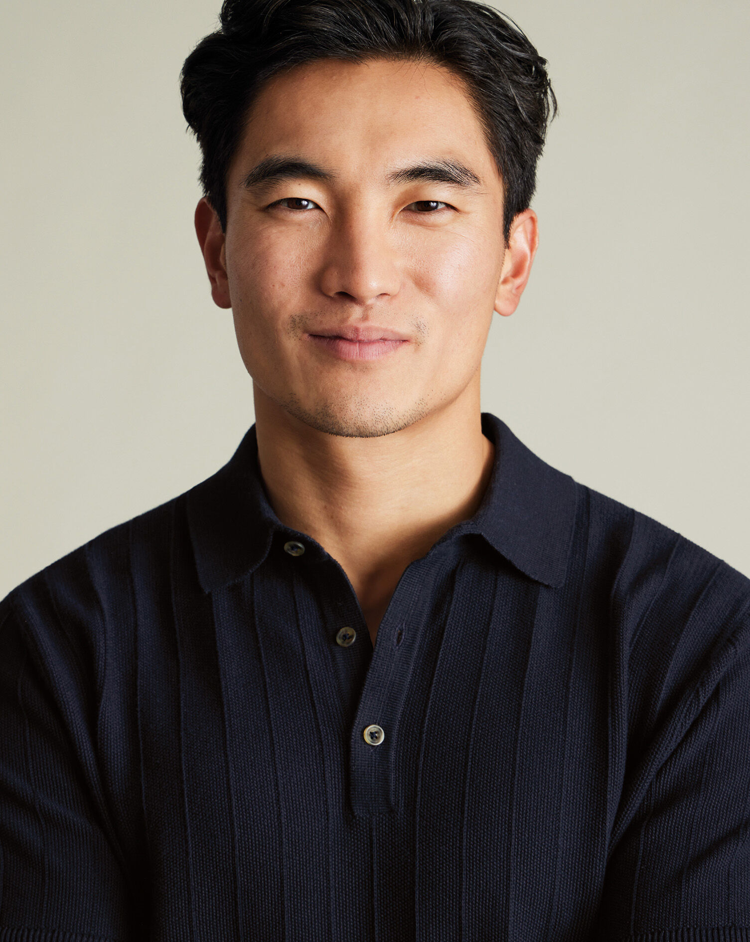 Cotton Textured Knitted Polo - Navy