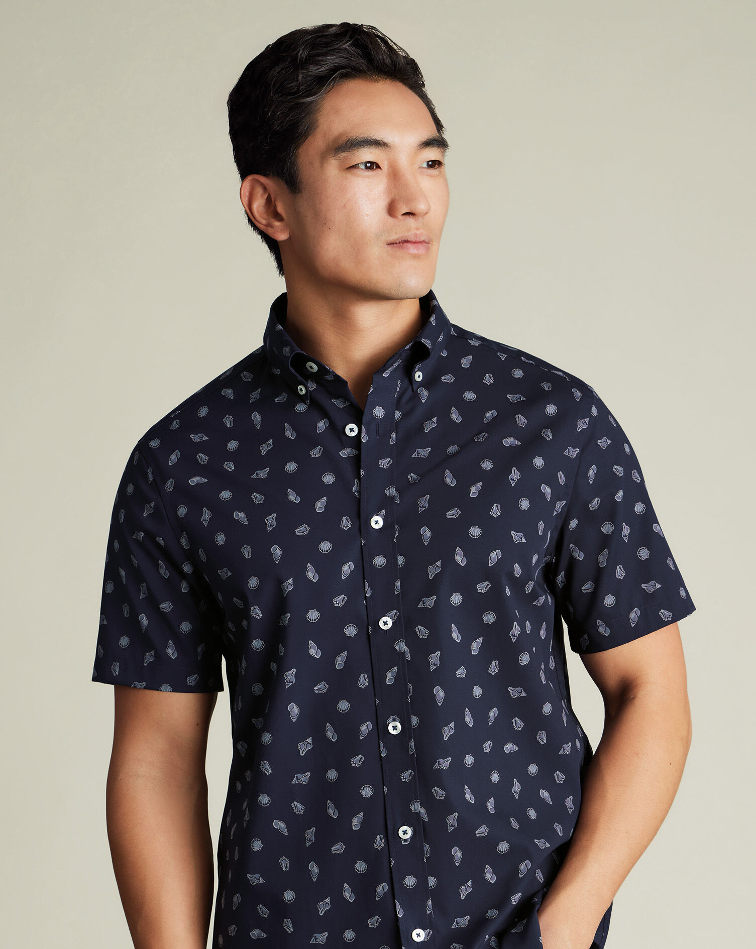 Non-Iron Poplin Shell Print Short Sleeve Shirt - Ink Blue