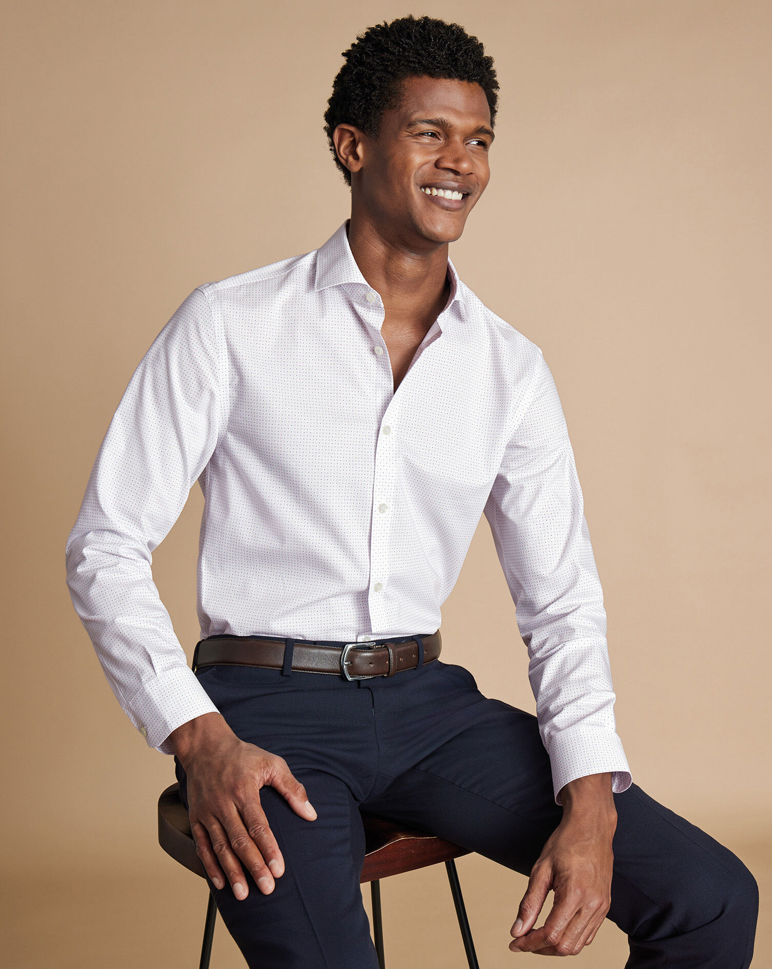 Semi-Spread Collar Non-Iron Stretch Poplin Geo Print Shirt - White & Lilac