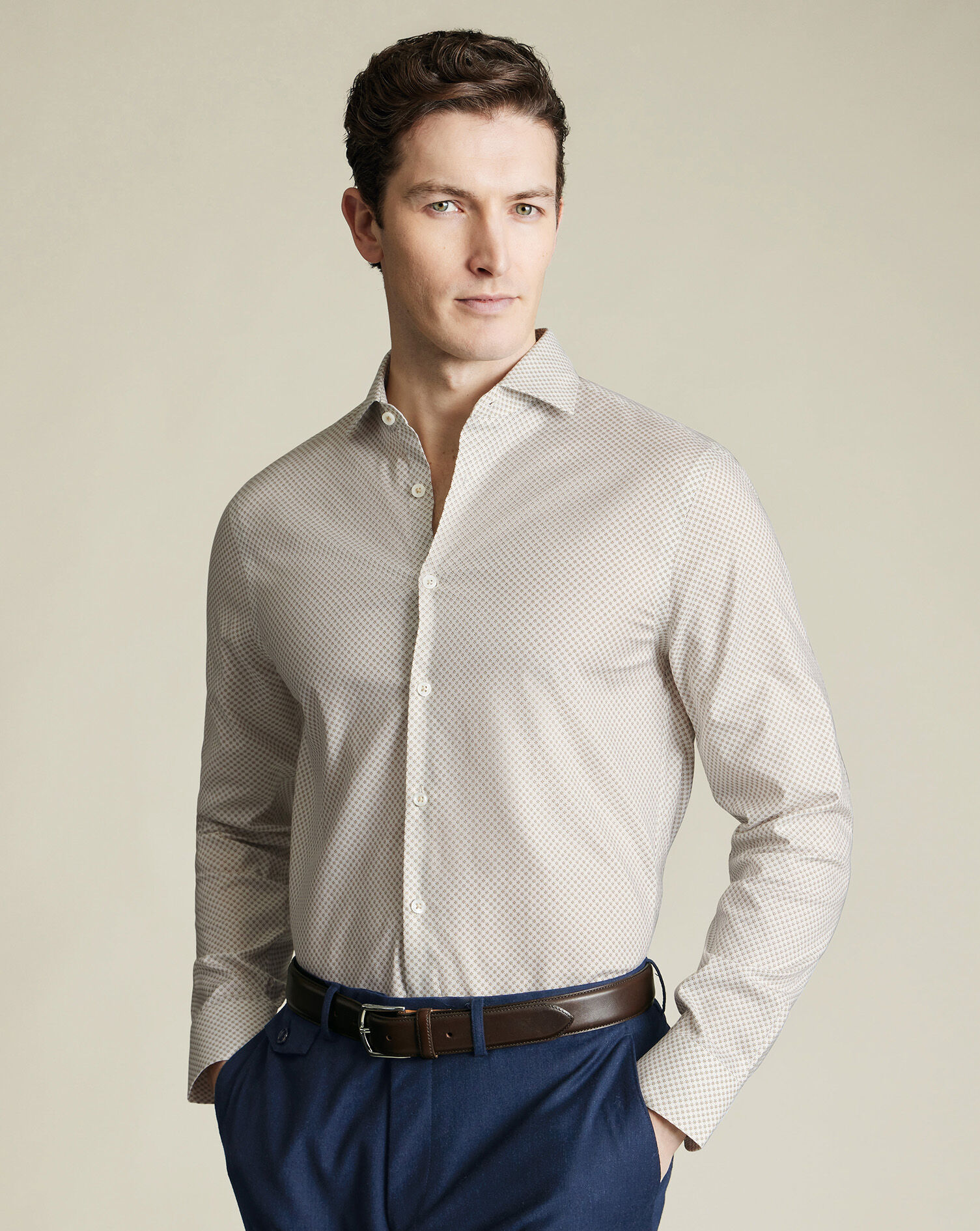 Non-Iron Stretch Geo Print Shirt - Taupe & Blue