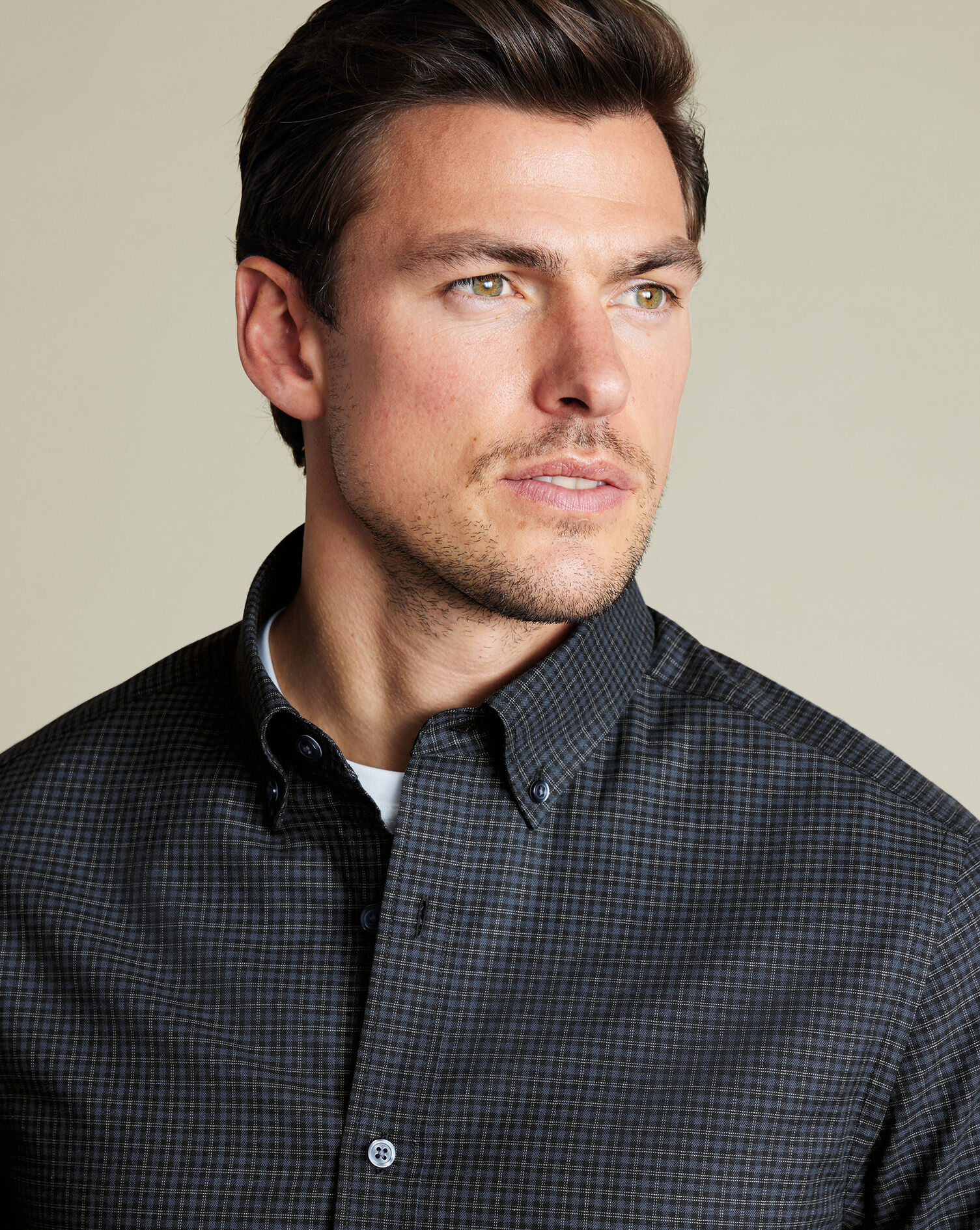Brushed Cotton Twill Check Shirt - Dark Gray