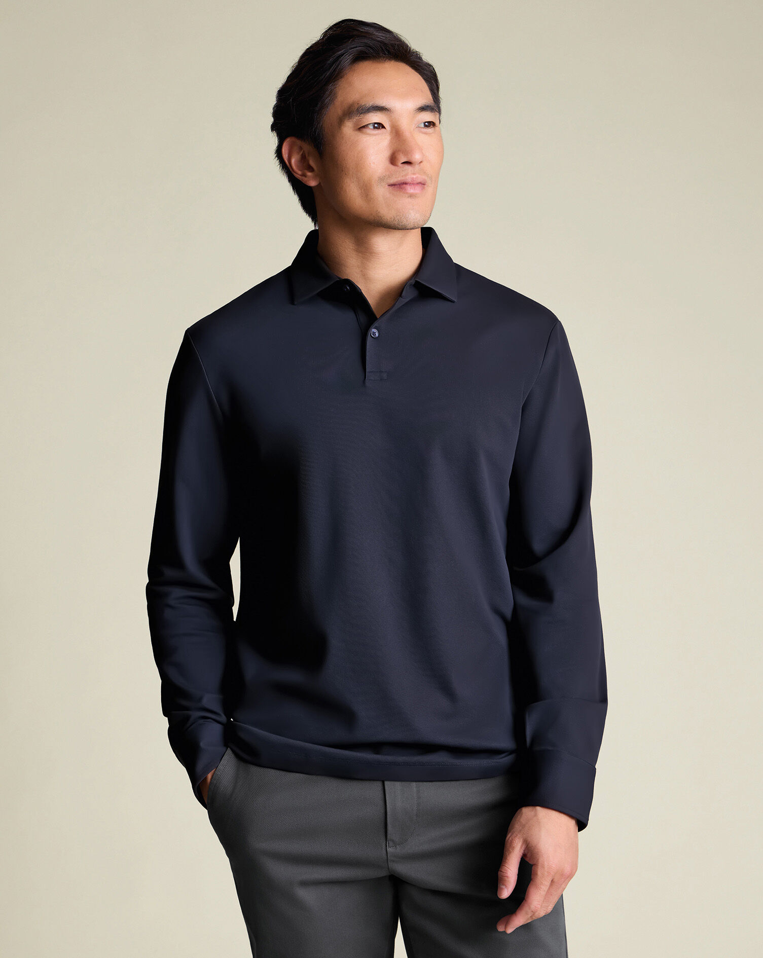 Long Sleeve Smart Pique Polo - Navy