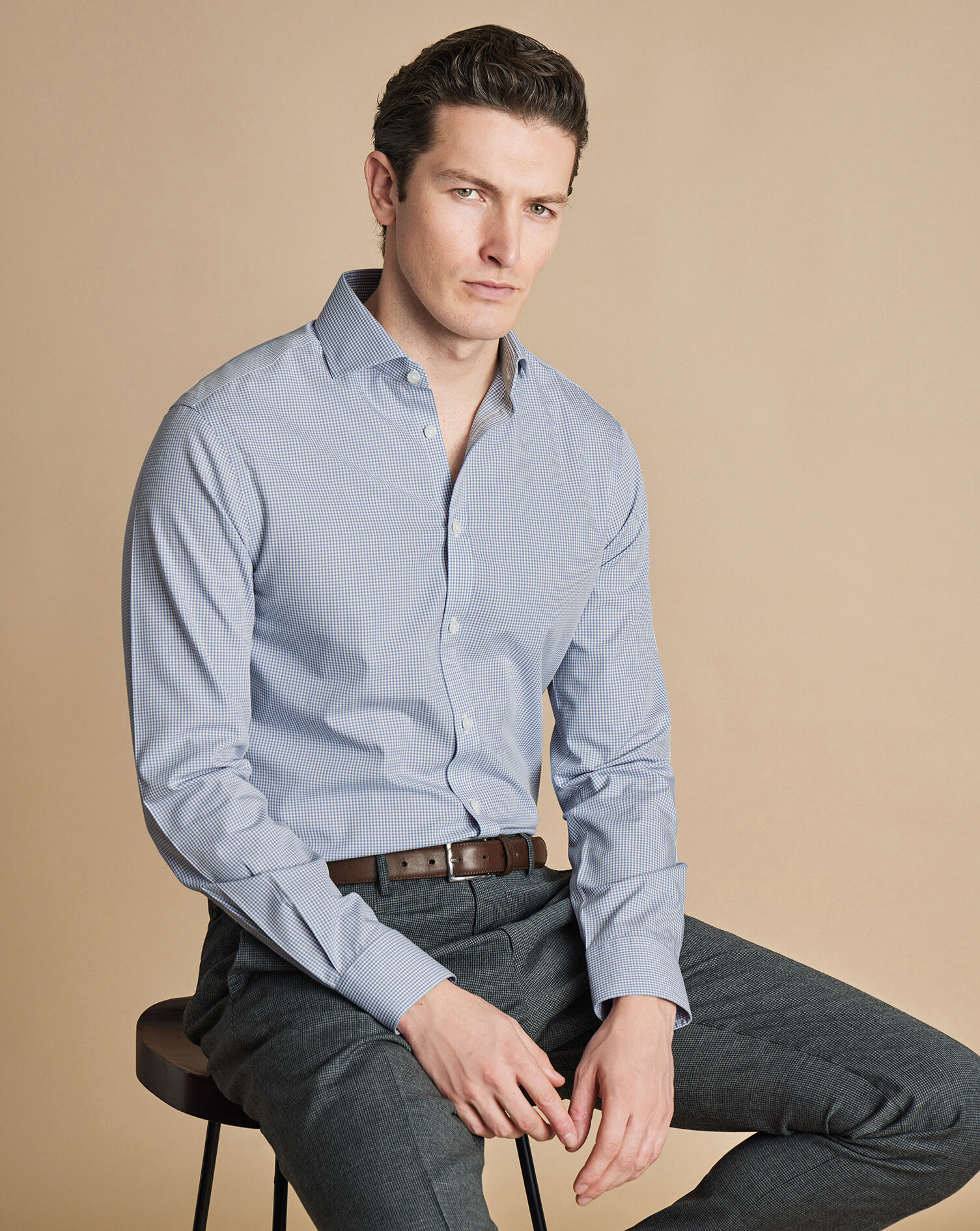 Spread Collar Non-Iron Poplin Mini Gingham Check Shirt - Light Gray