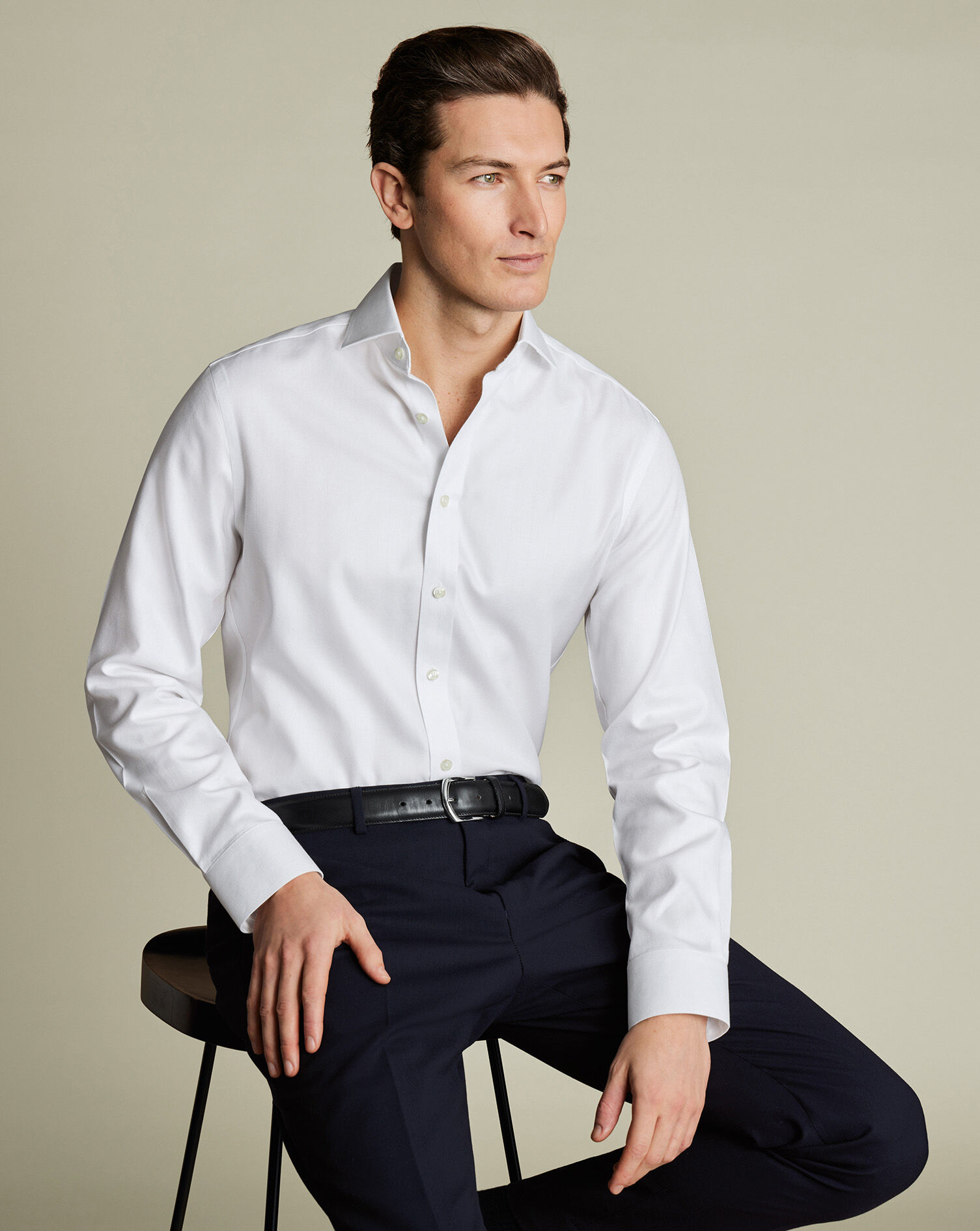 Spread Collar Non-Iron Herringbone Shirt - White