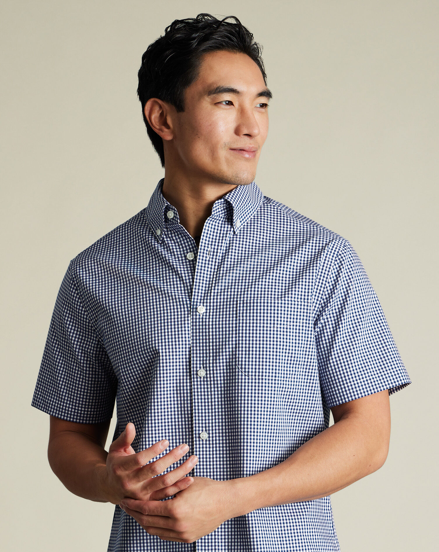 Non-Iron Stretch Poplin Check Short Sleeve Shirt - Navy