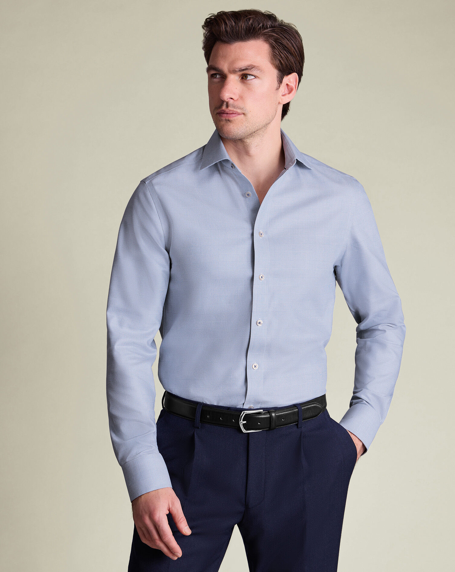Non-Iron Burlington Weave Prince of Wales Check Shirt - Mid Blue