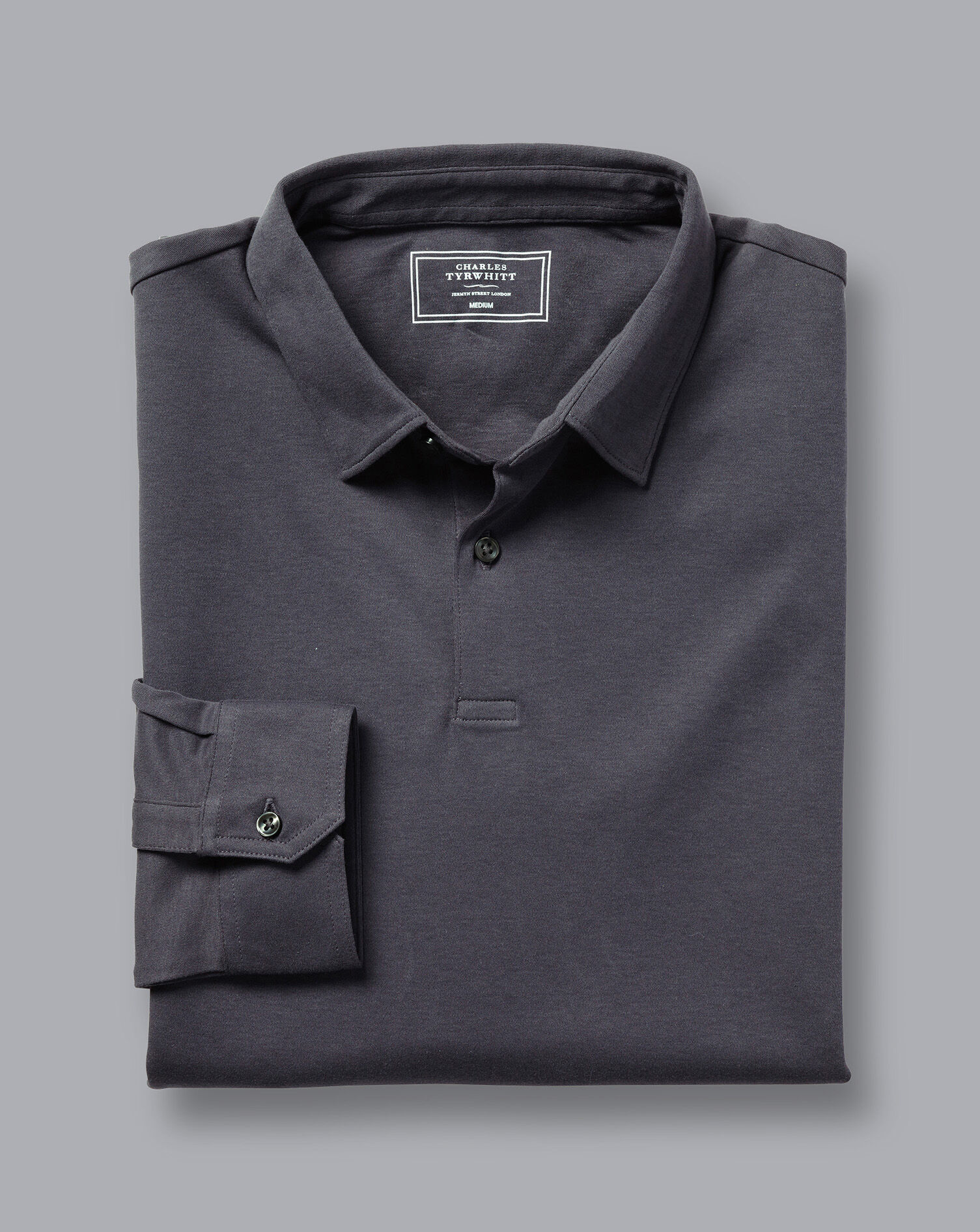 Combed Cotton Long Sleeve Polo - Dark Gray