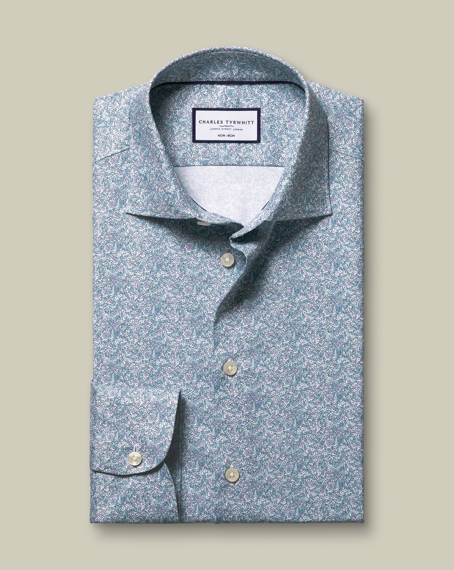 Non-Iron Stretch Print Shirt - Indigo Blue & Lilac