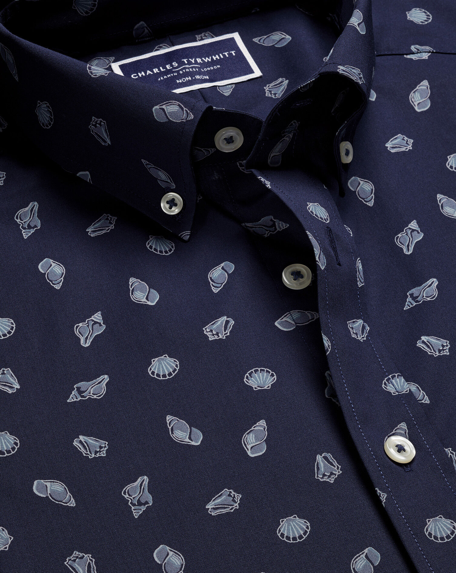 Non-Iron Poplin Shell Print Short Sleeve Shirt - Ink Blue