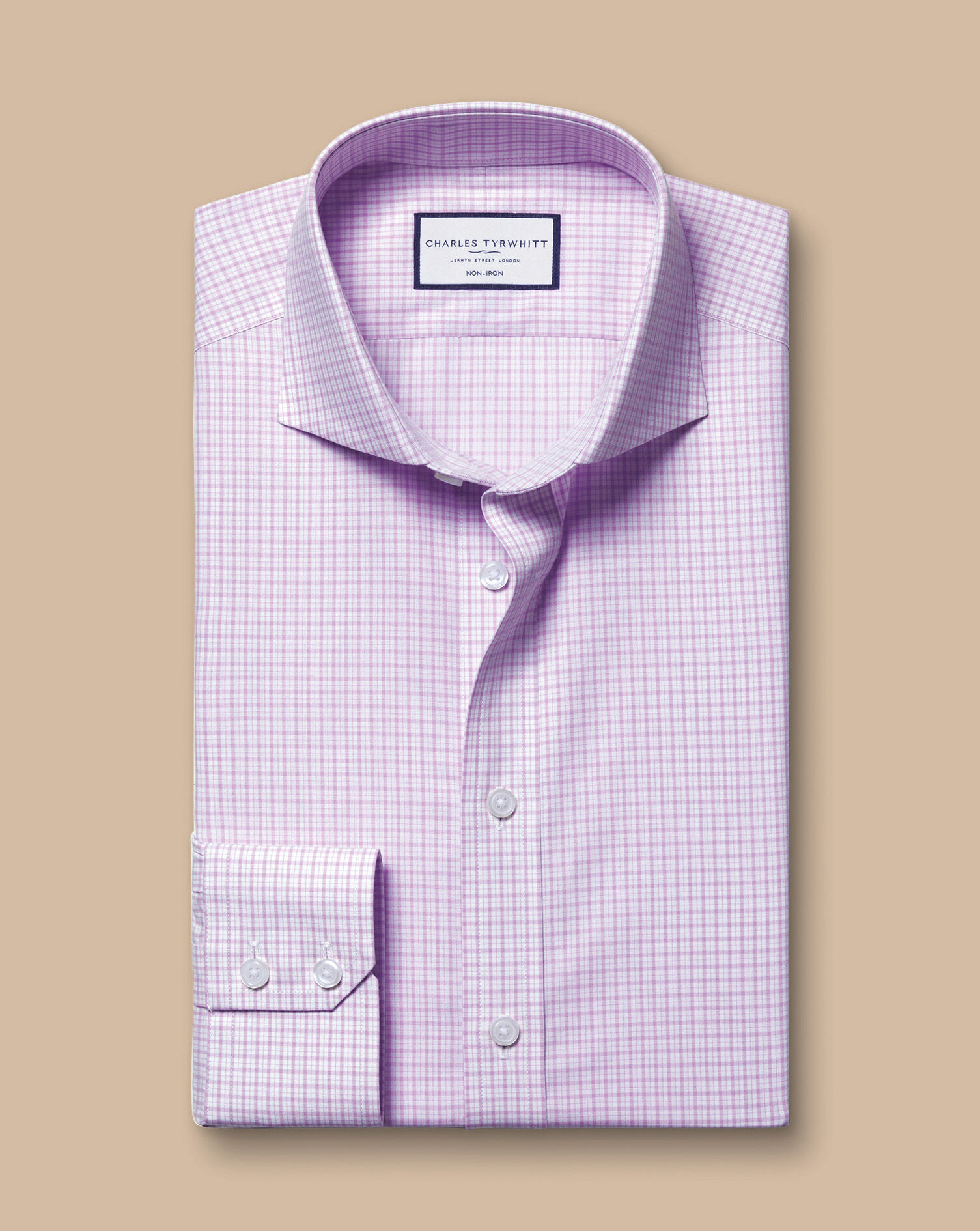 Spread Collar Non-Iron Poplin Grid Check Shirt - Lilac Purple