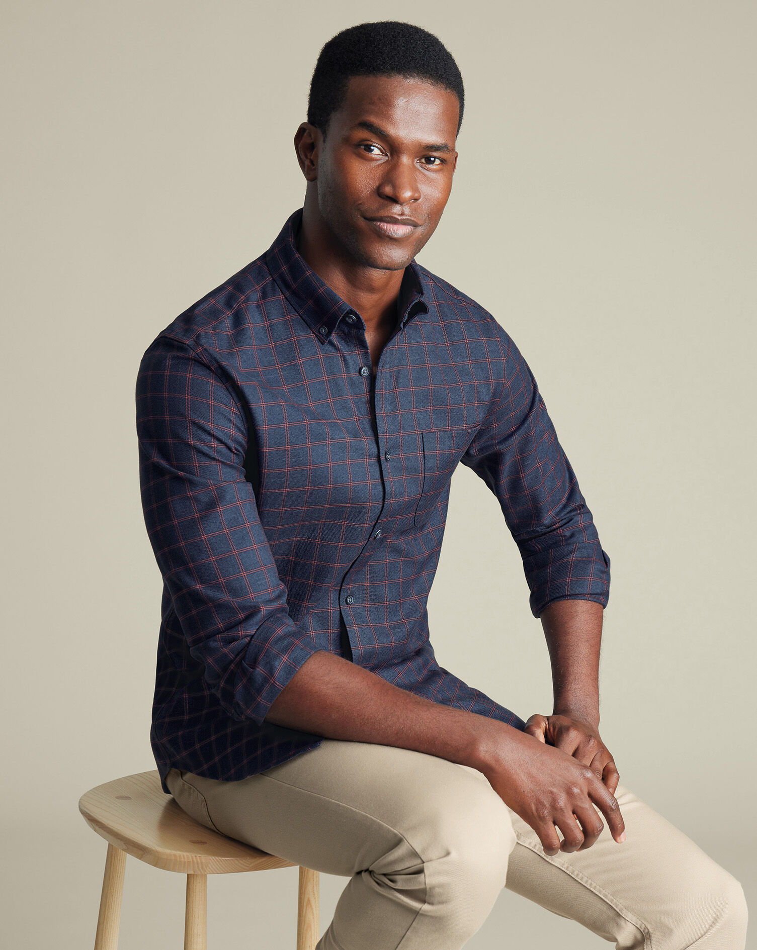 Non-Iron Twill Check Shirt - Heather Blue & Red