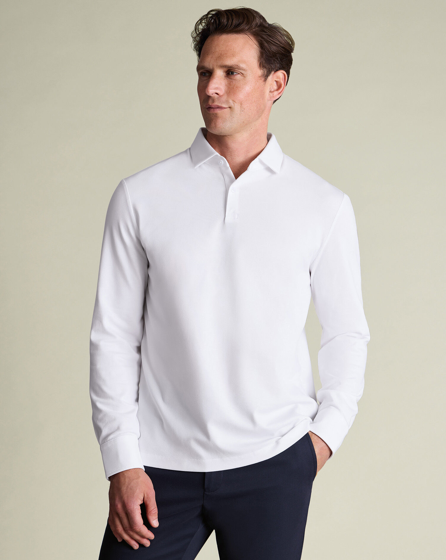 Long Sleeve Smart Pique Polo - White