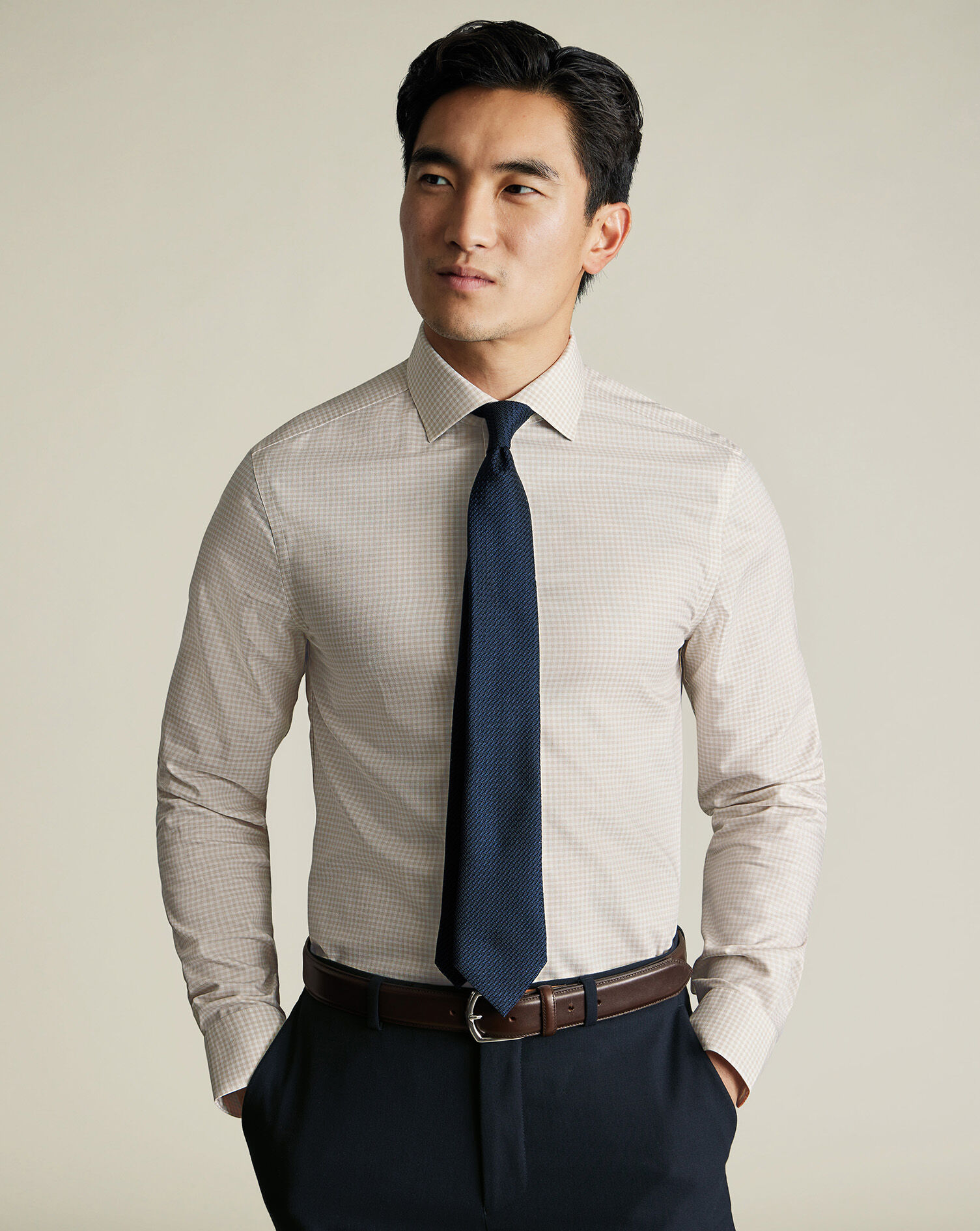 Non-Iron Cotton Linen Check Shirt - Stone
