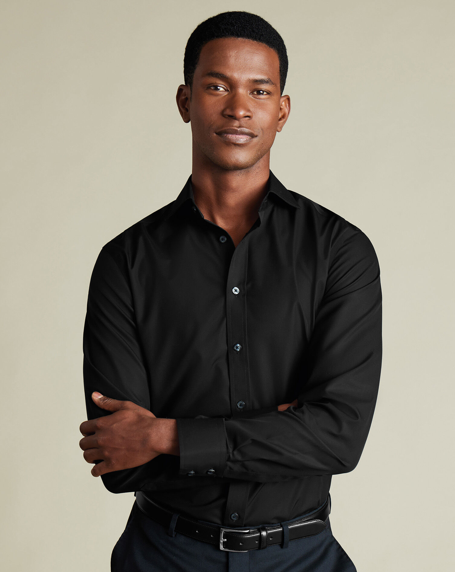 Spread Collar Non-Iron Poplin Shirt - Black
