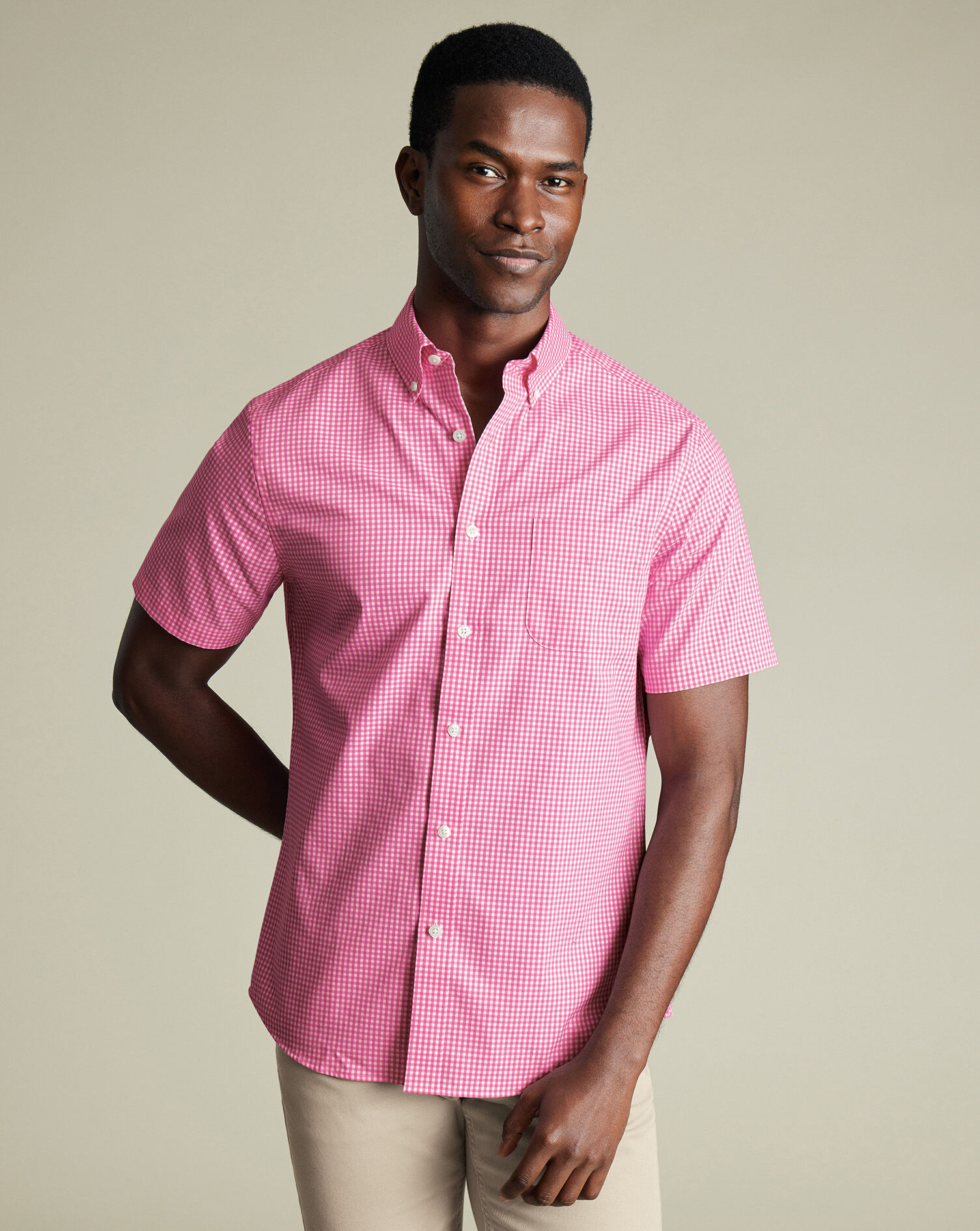 Non-Iron Stretch Poplin Check Short Sleeve Shirt - Pink
