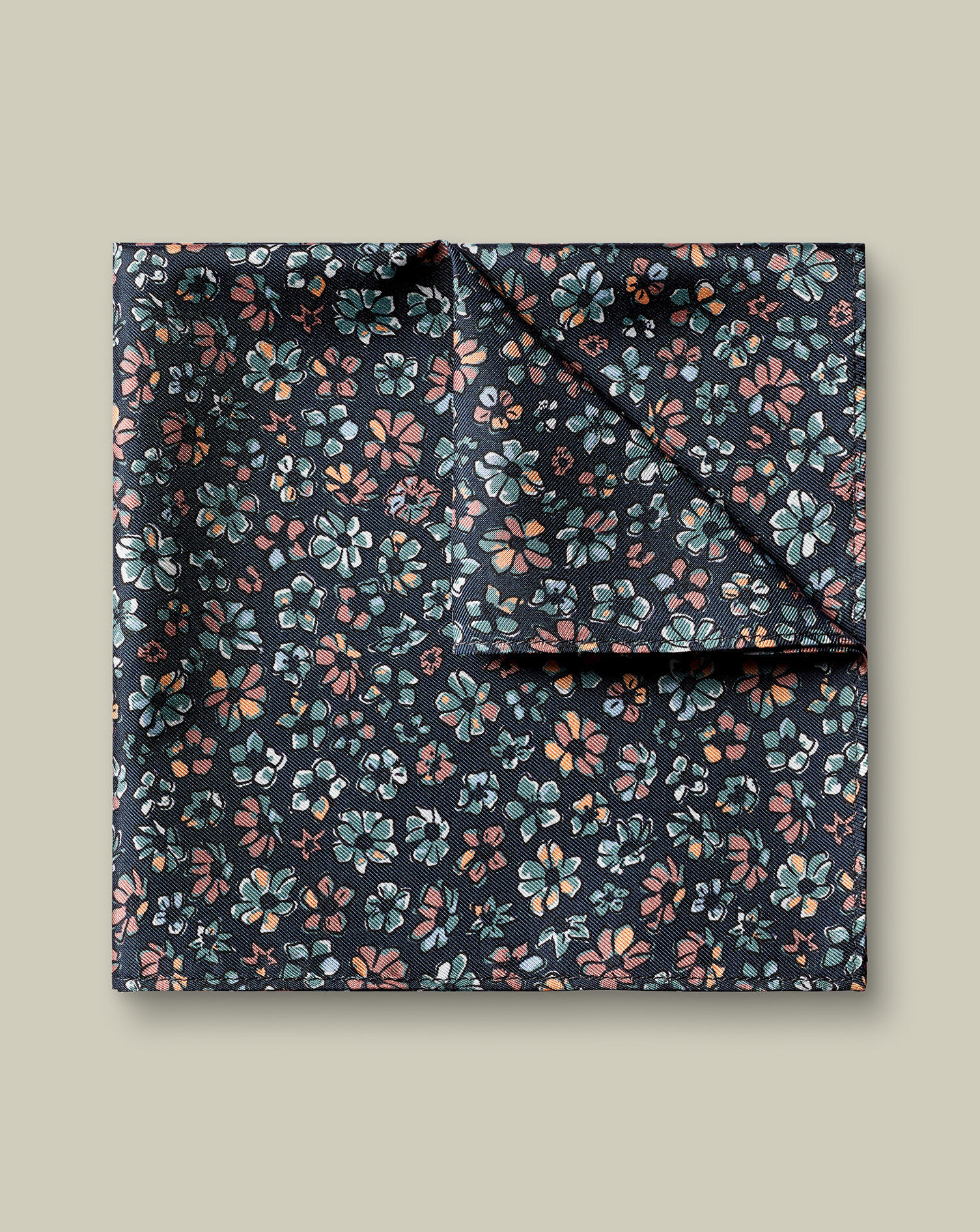 Silk Floral Print Pocket Square - Navy
