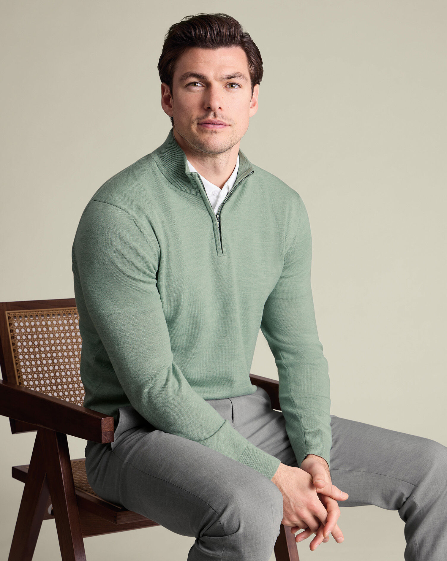 Pure Merino Quarter Zip Sweater - Pale Teal