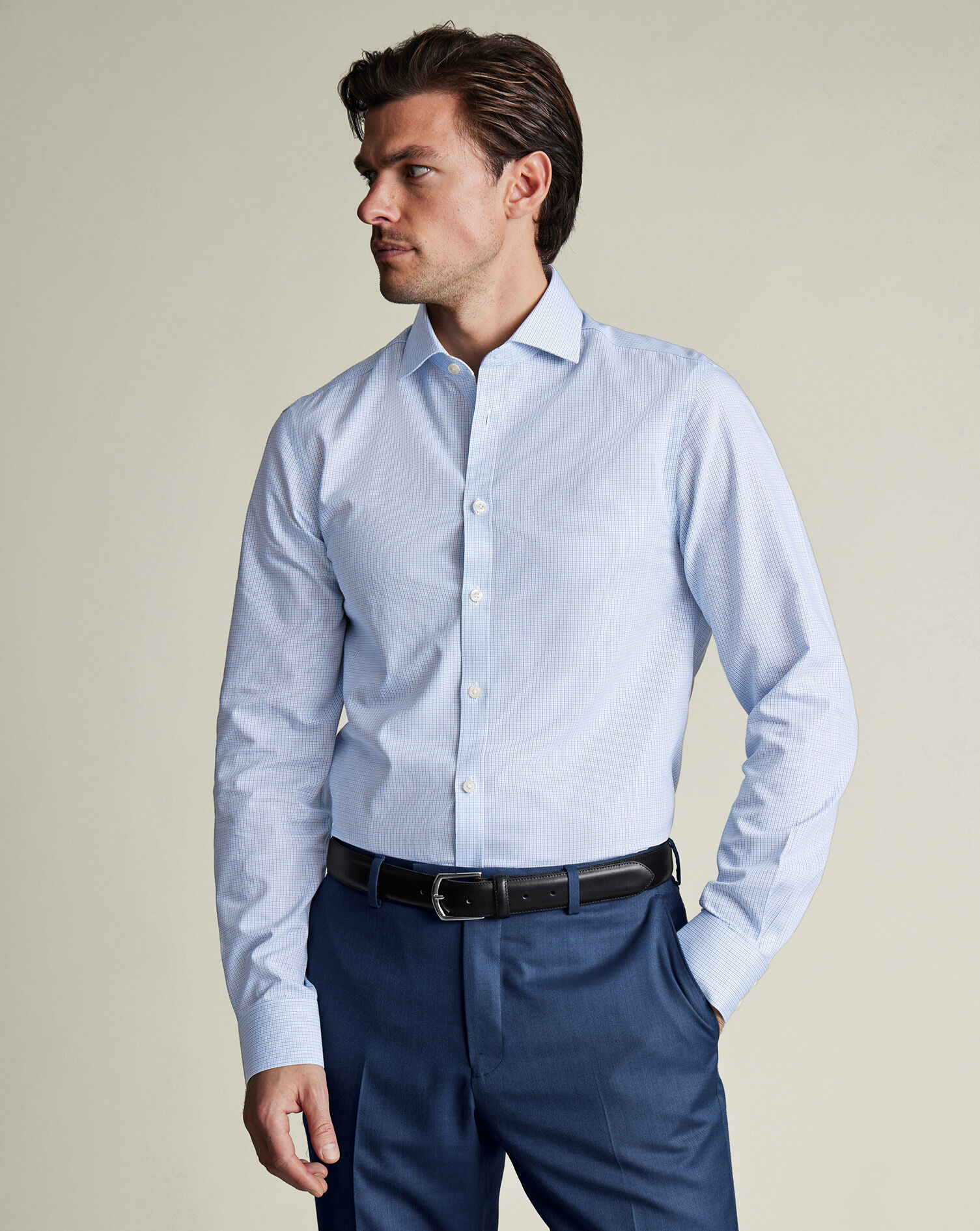 Non-Iron Poplin Check Shirt - Cobalt Blue
