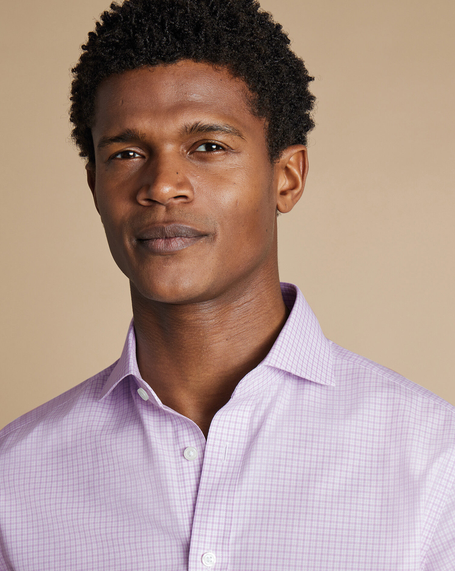 Spread Collar Non-Iron Poplin Grid Check Shirt - Lilac Purple