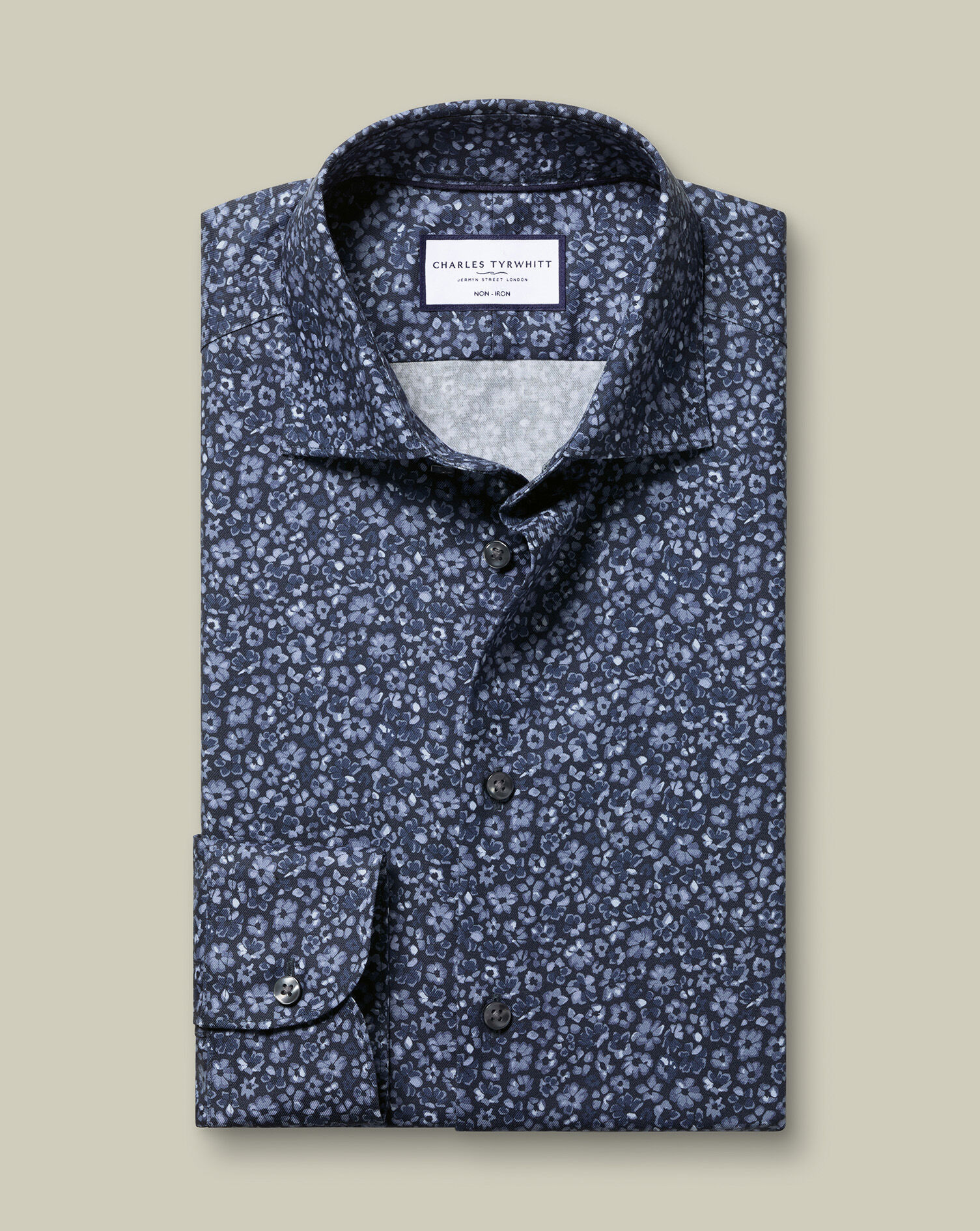 Non-Iron Stretch Floral Print Shirt - Navy