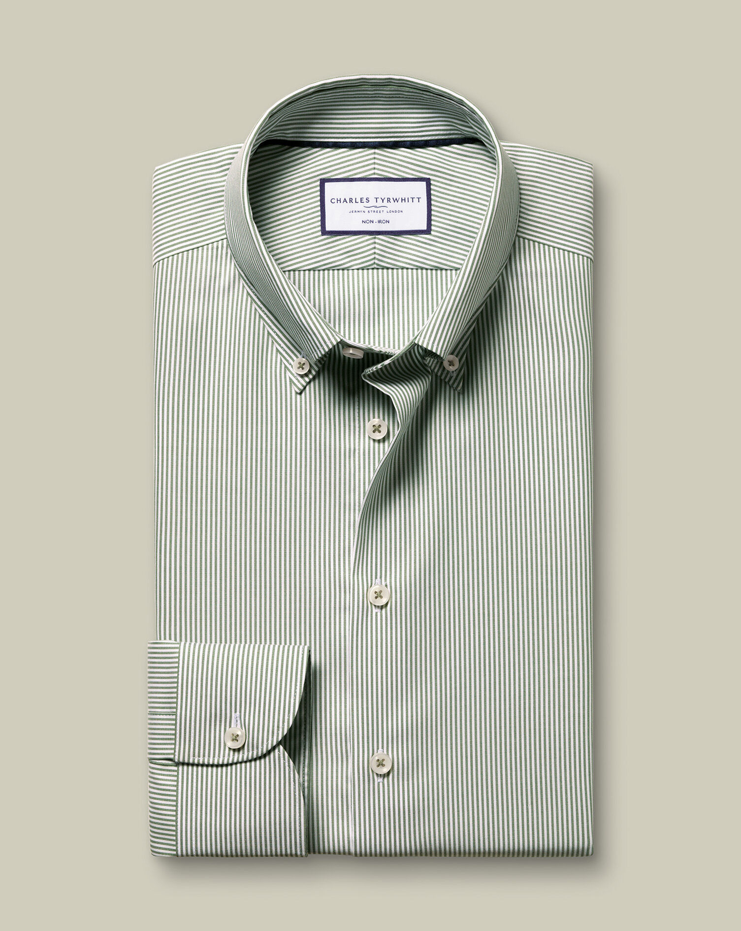 Button-Down Non-Iron Oxford Stripe Shirt - Olive