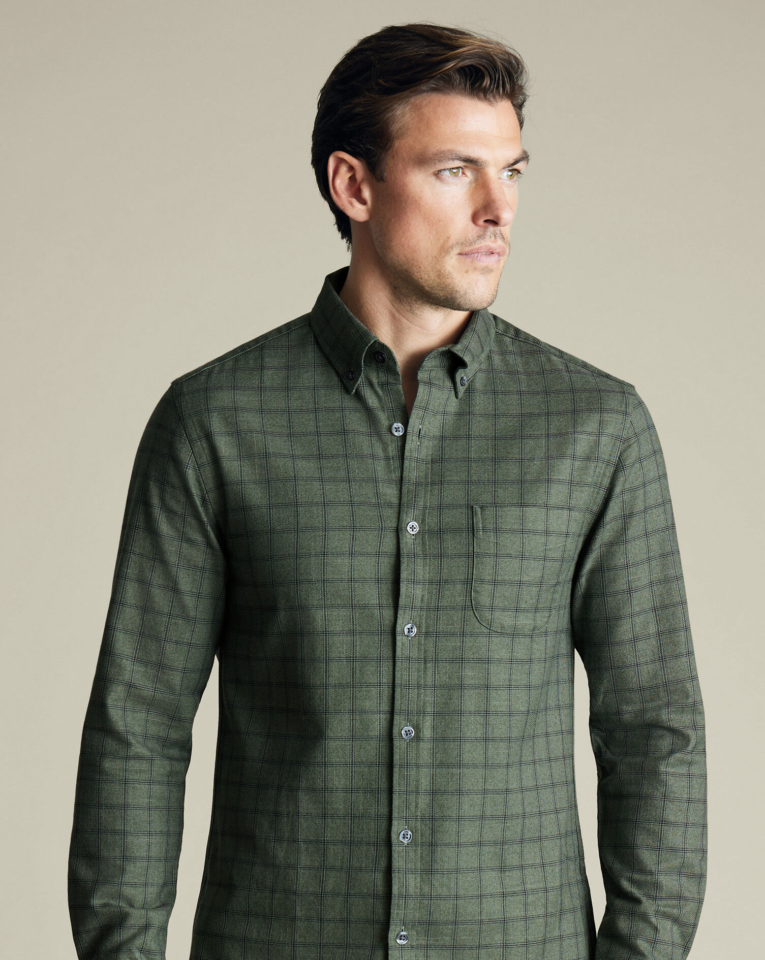 Non-Iron Twill Grid Check Shirt - Sage Green