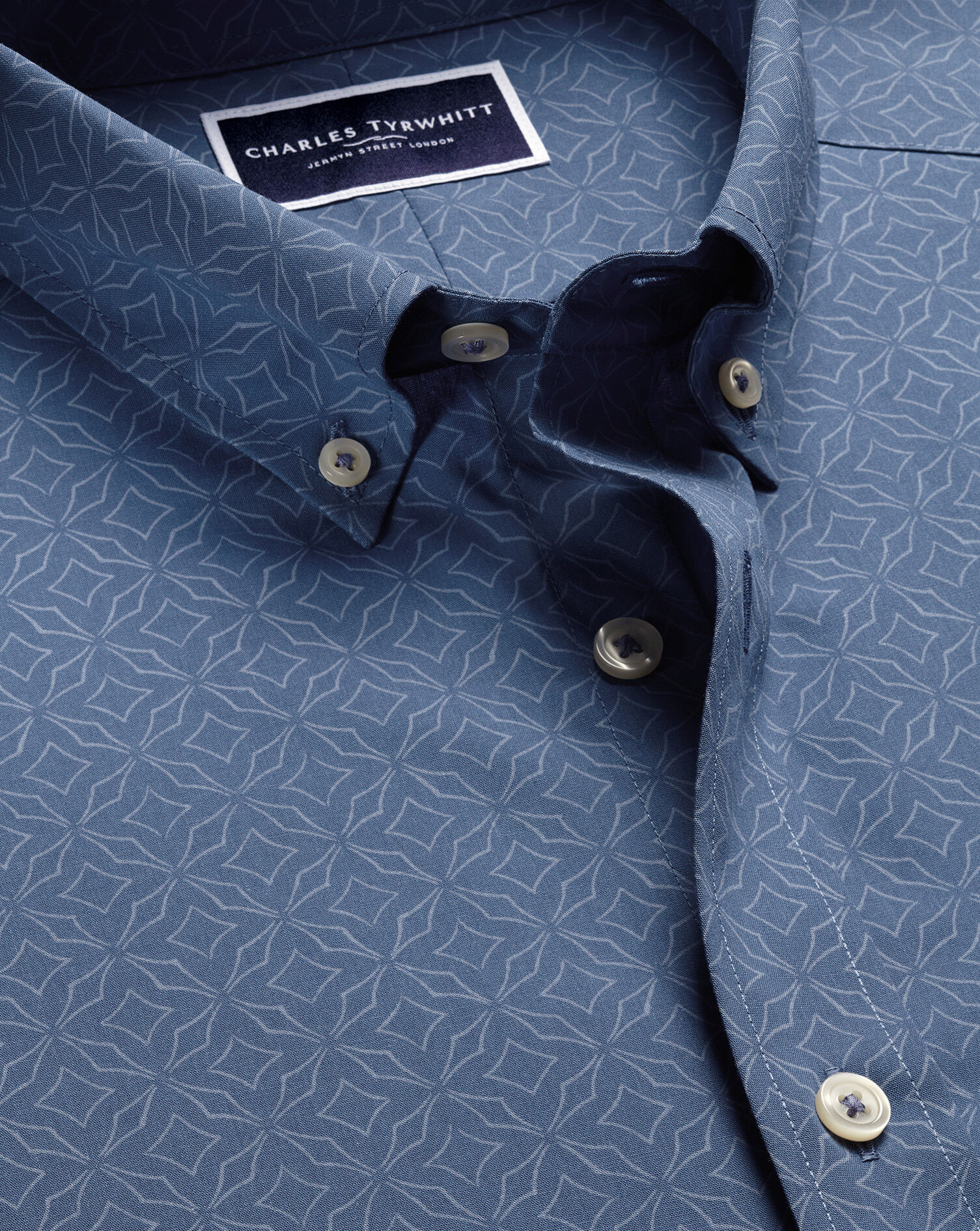 Non-Iron Stretch Geo Print Shirt - Denim Blue