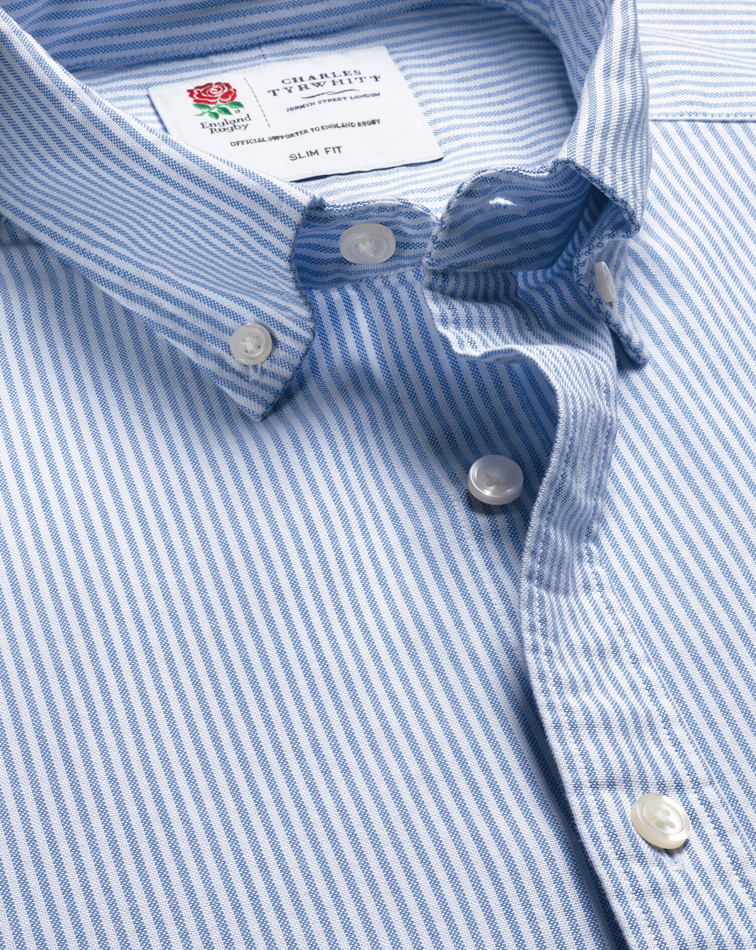 England Rugby Washed Oxford Stripe Shirt - Blue & White