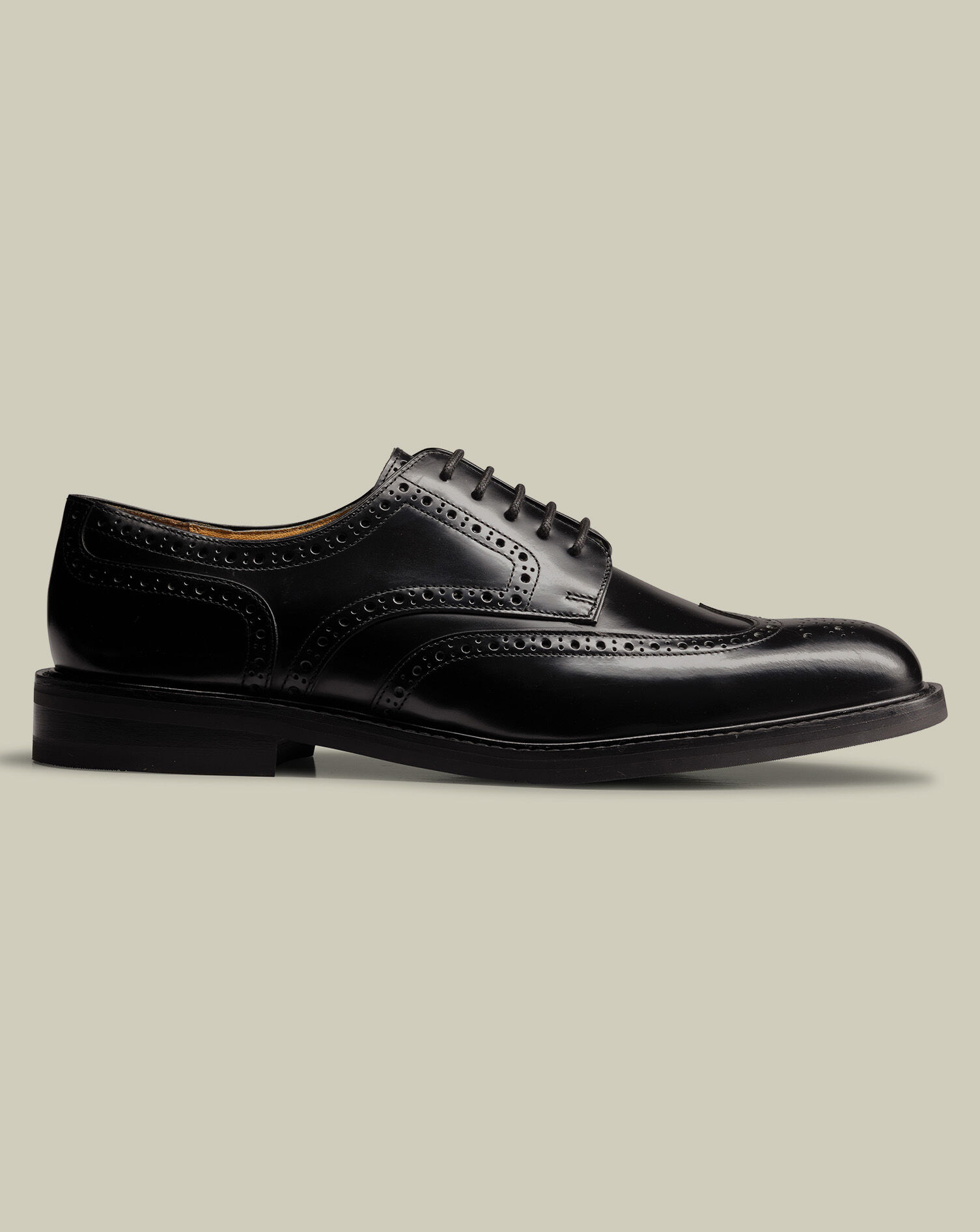 High Shine Leather Derby Brogue Rubber Sole Shoe - Black
