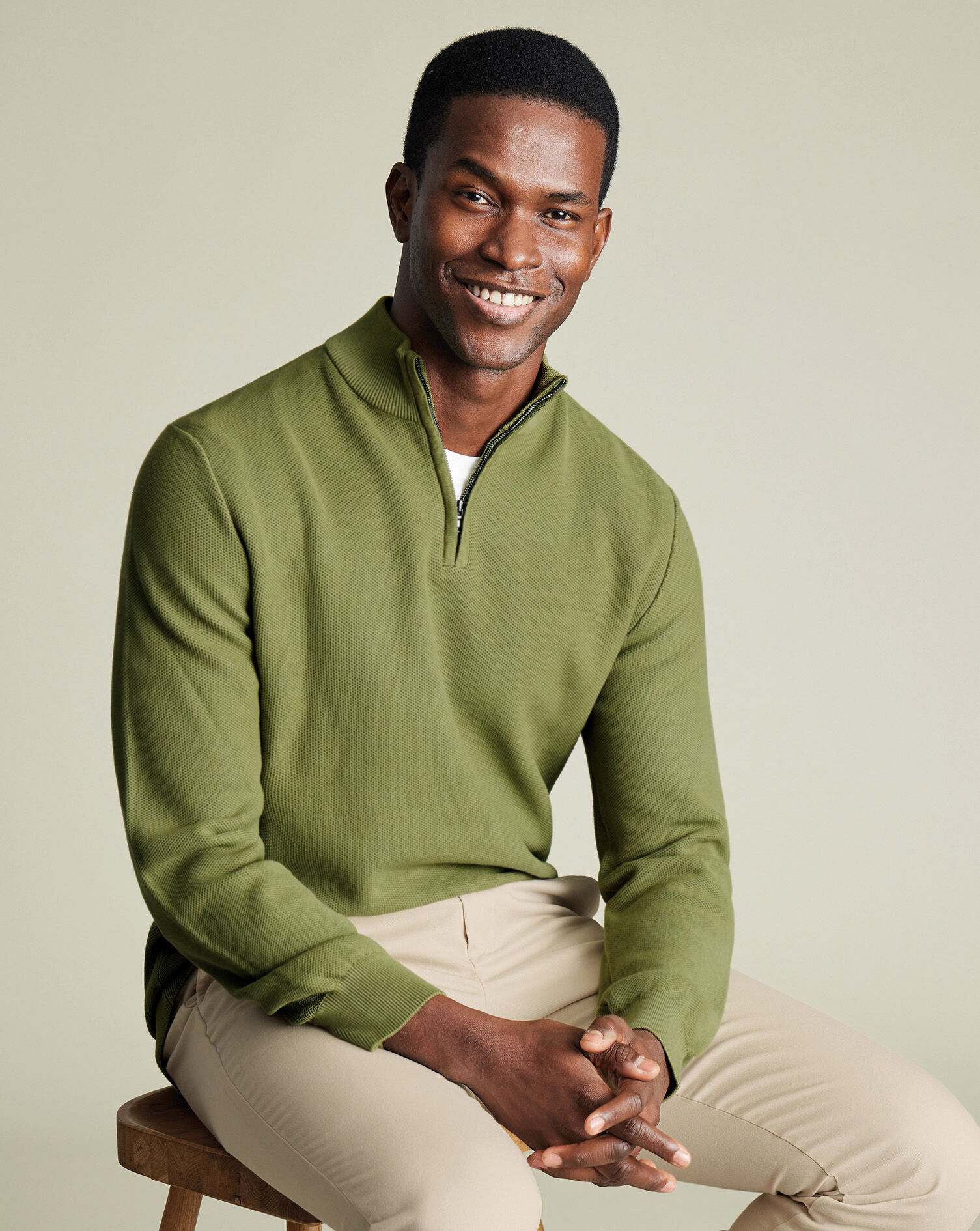 Honeycomb Cotton Quarter Zip Sweater - Moss Green