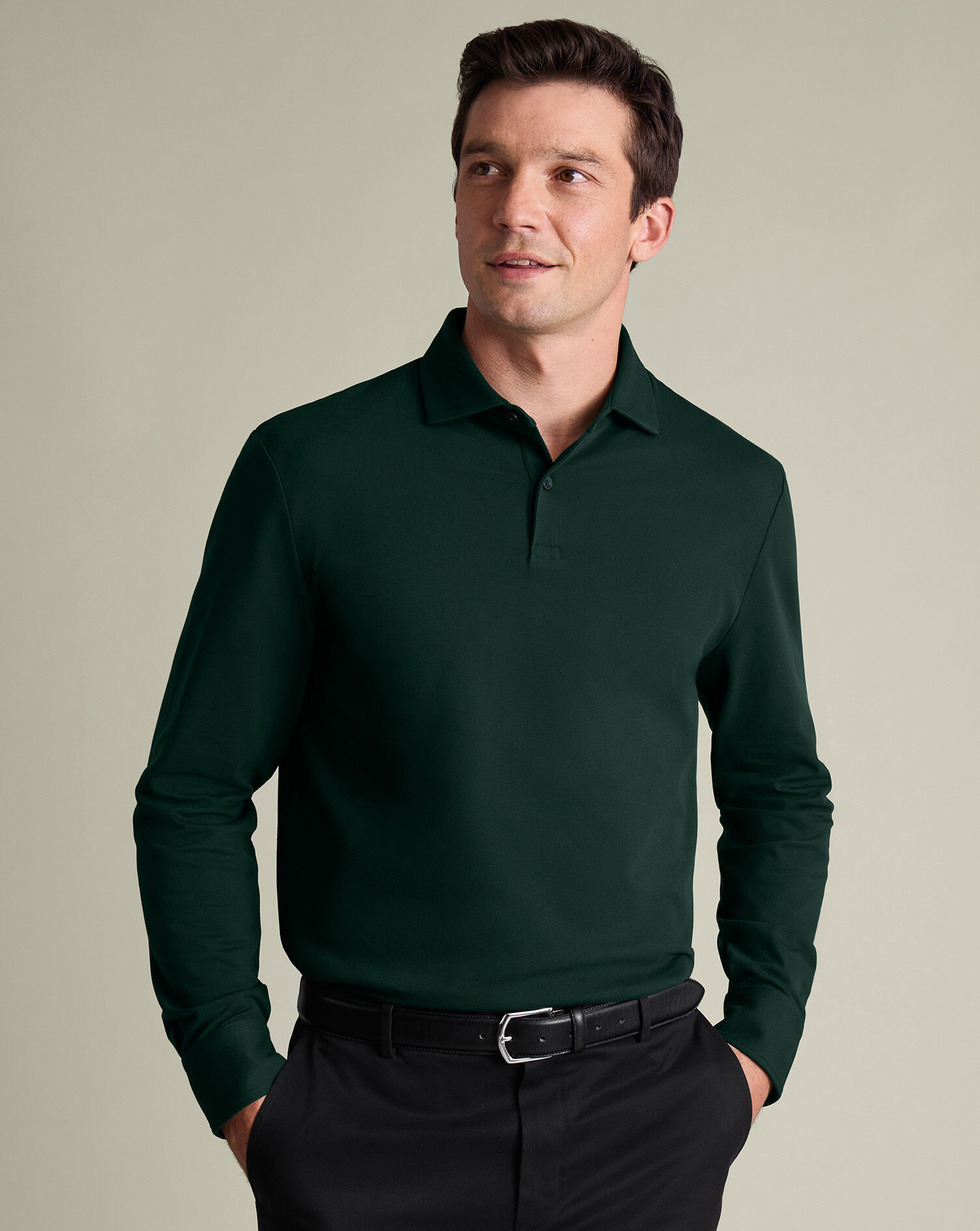 Long Sleeve Smart Pique Polo - Dark Green