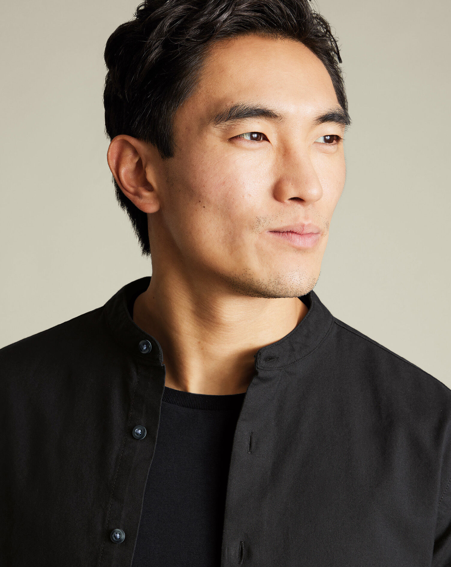 Collarless Stretch Washed Oxford - Black