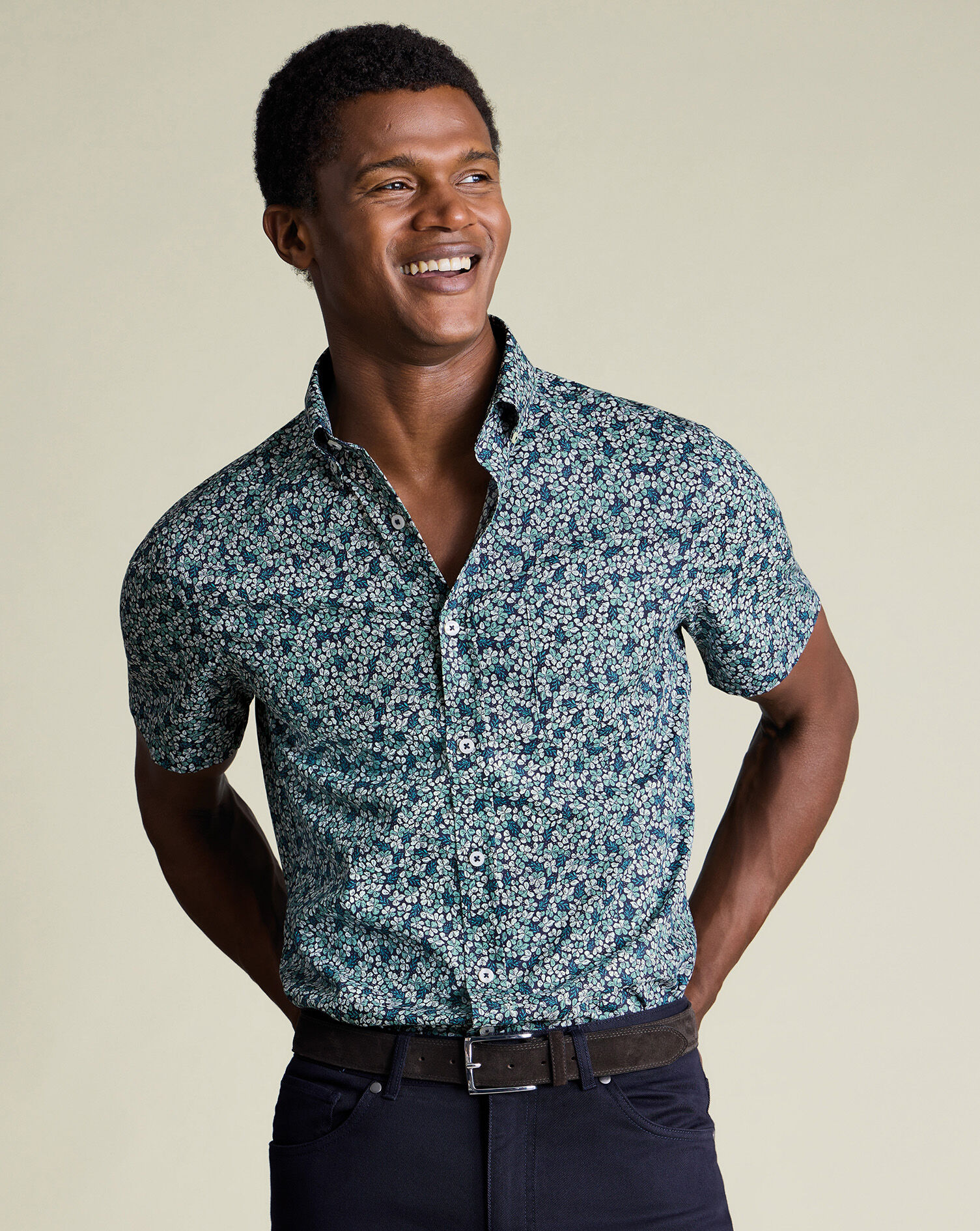 Non-Iron Stretch Floral Print Shirt - Navy