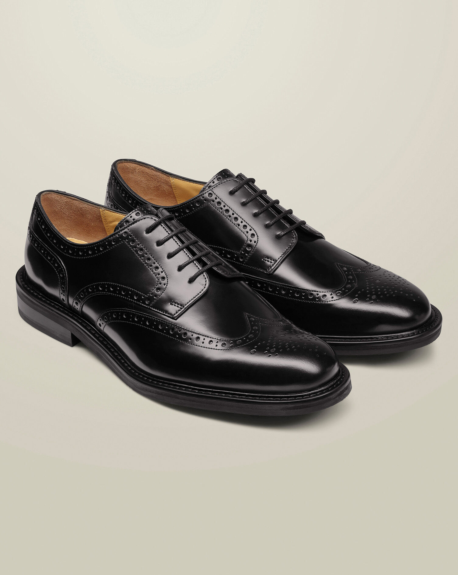 High Shine Leather Derby Brogue Rubber Sole Shoe - Black