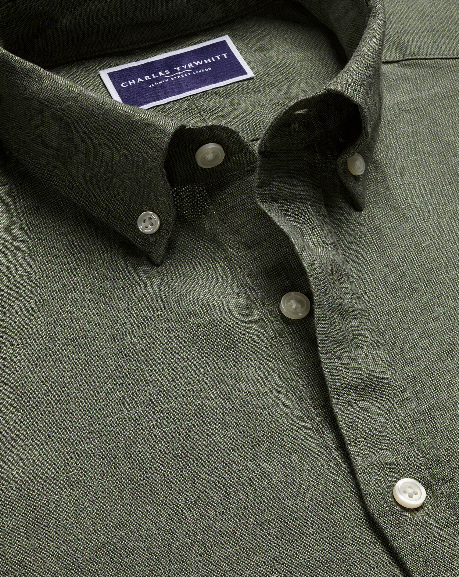 Button-Down Pure Linen Shirt - Olive Green