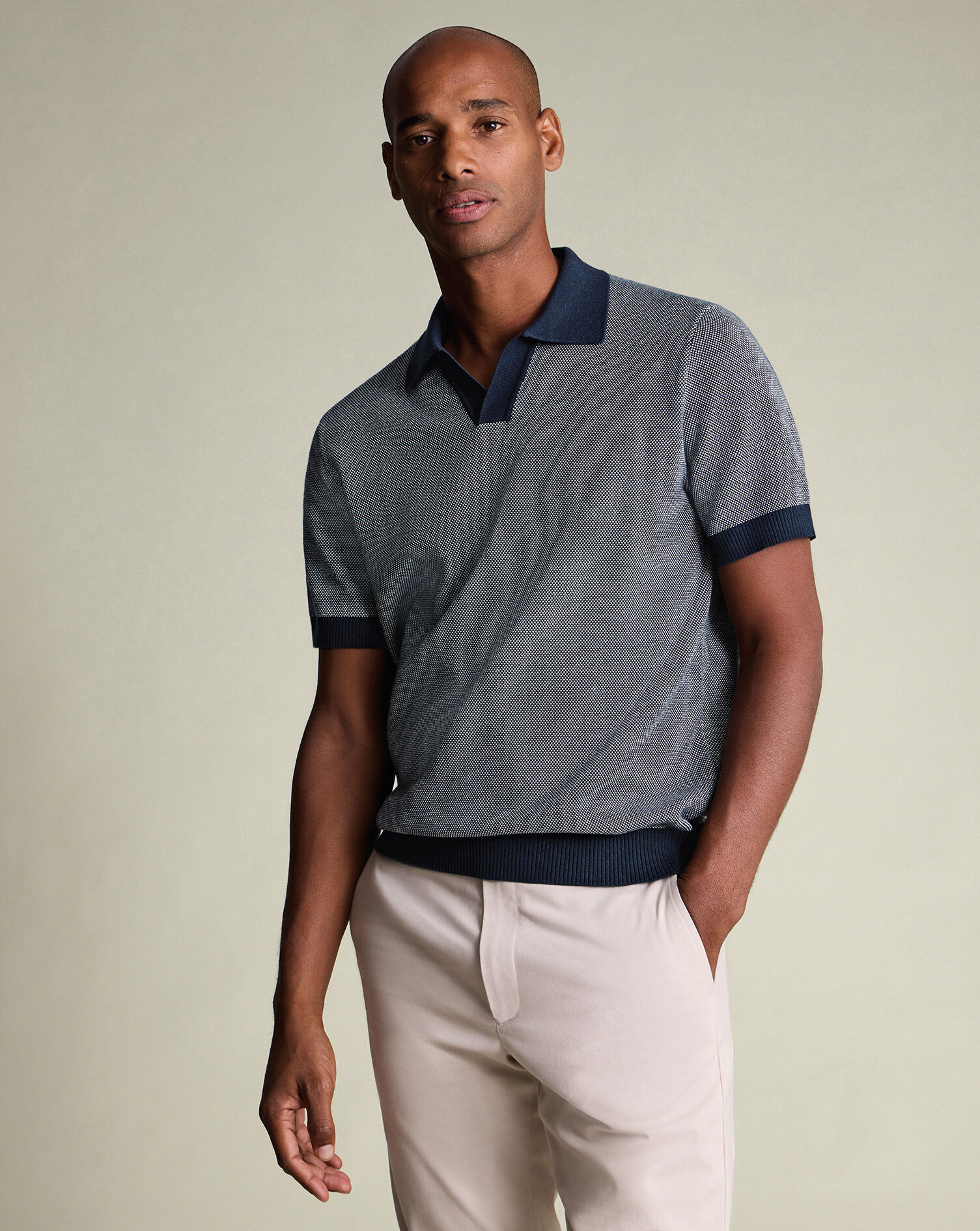 Short Sleeve Polo Neck Sweater - Navy & White